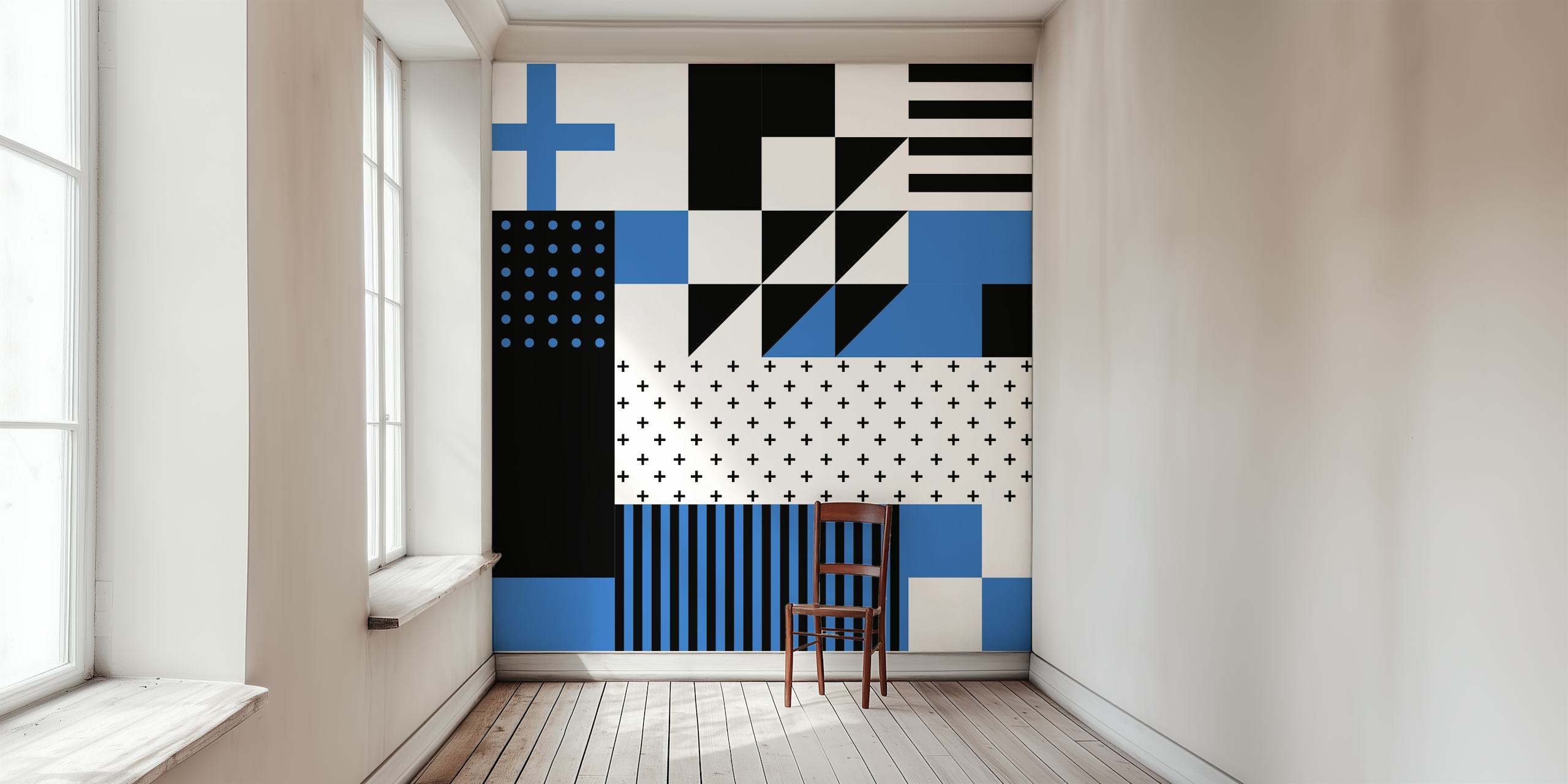 Geometric wallpaper design in a room