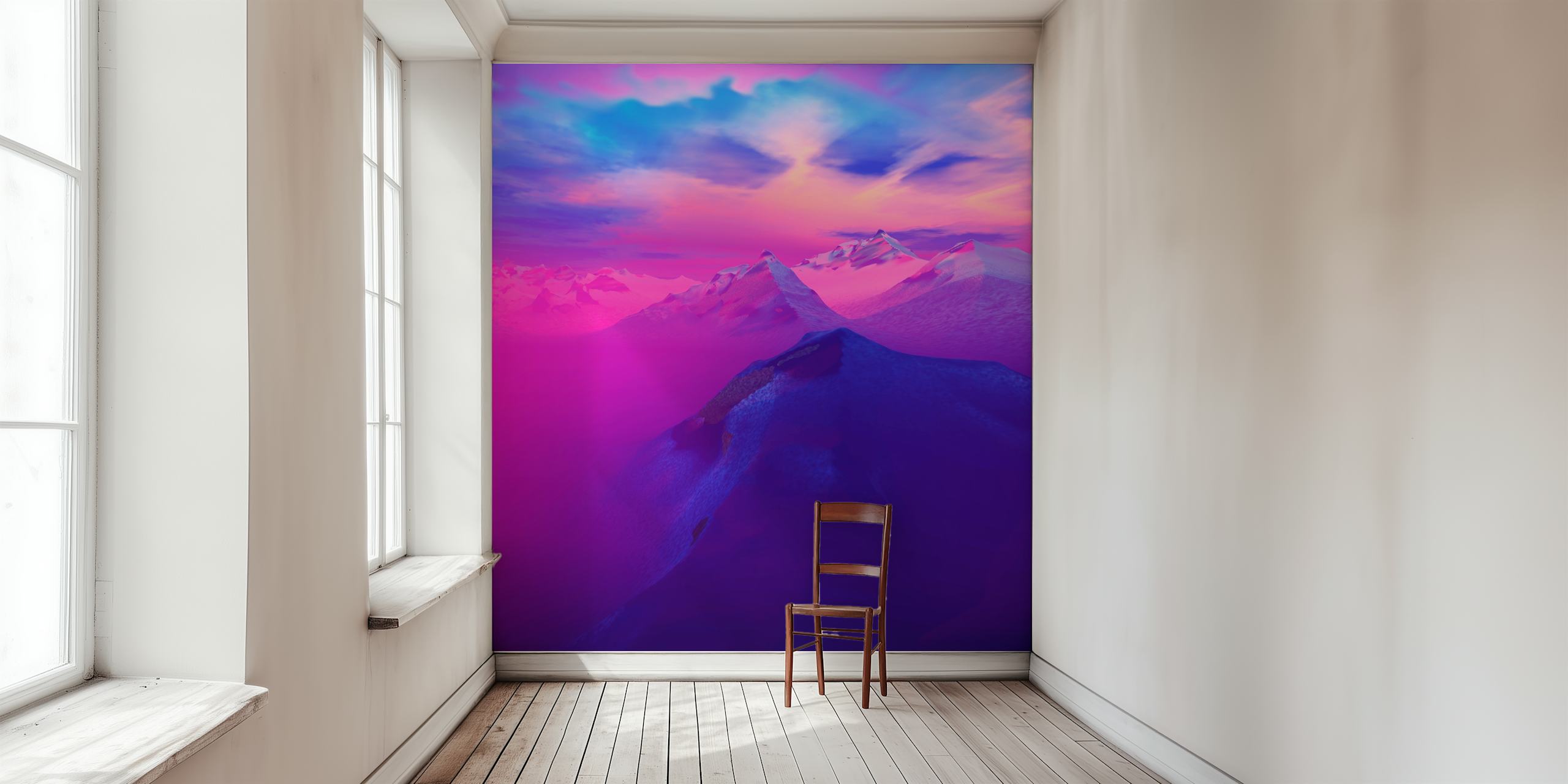 Et roligt vægmaleri, der viser bjergtoppe under en mørk himmel med nuancer af pink og lilla.