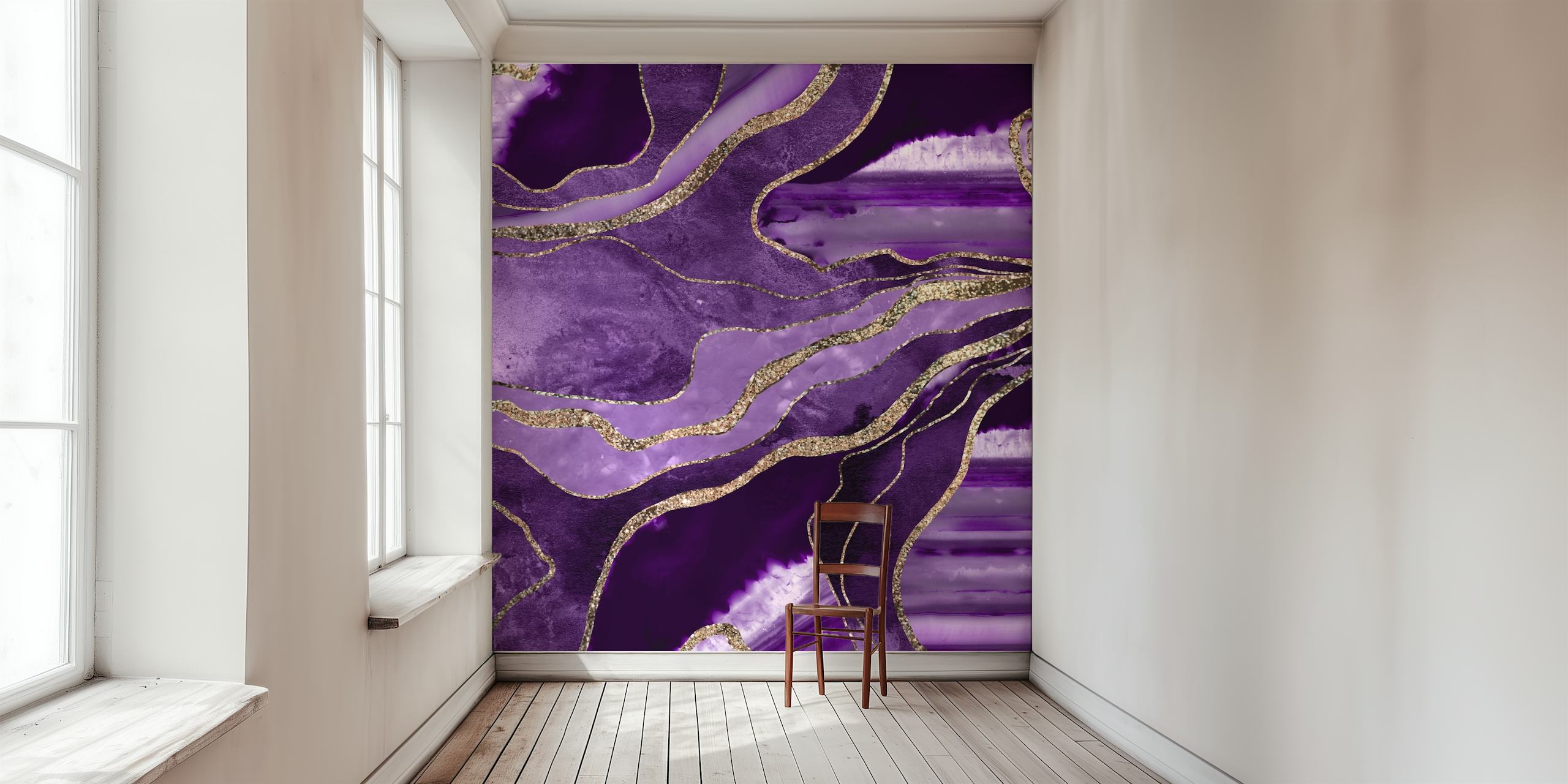 Purple swirling marble with gold accents wallpaper
