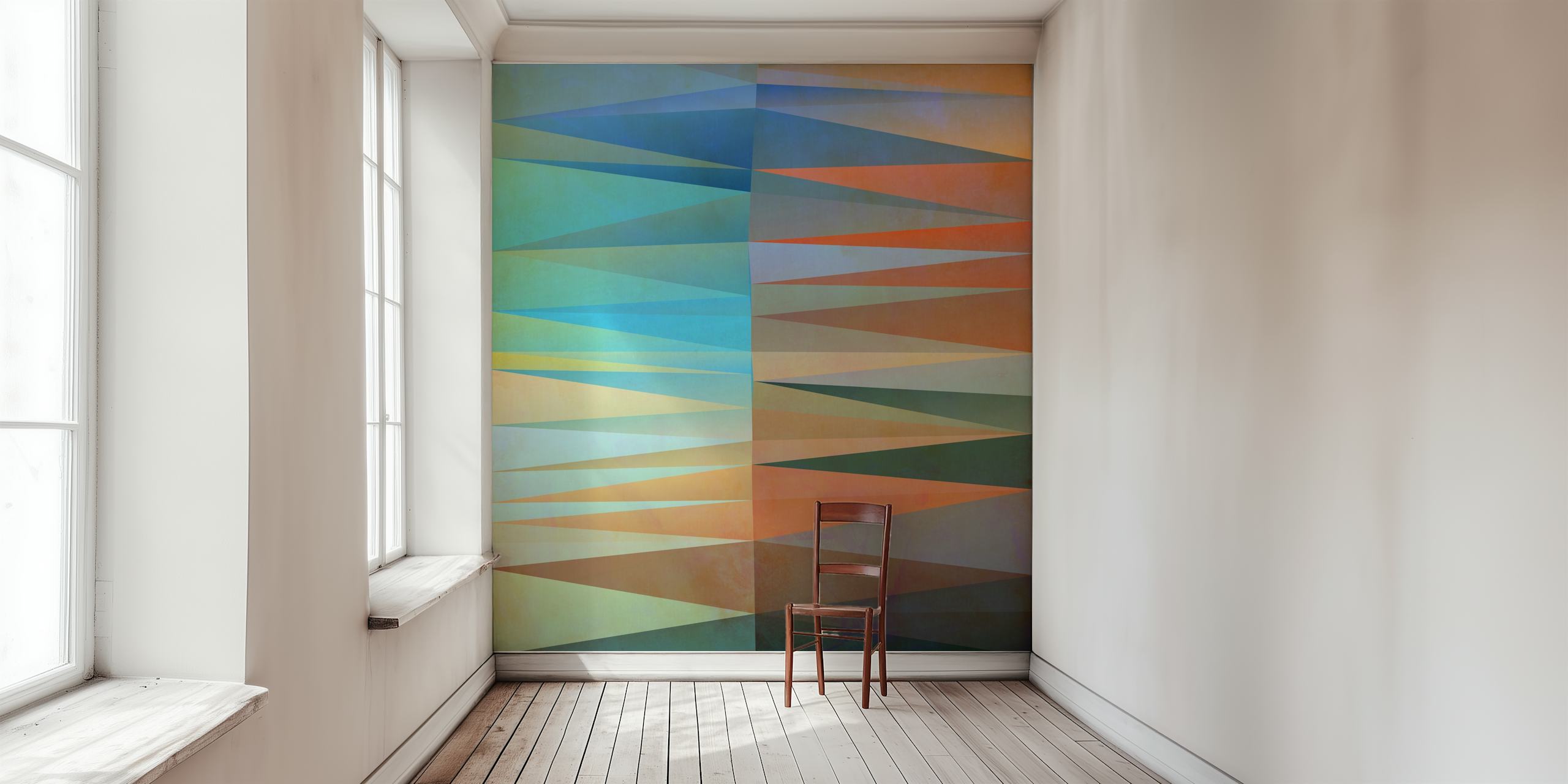 Geometryczna abstrakcyjna fototapeta z kolorowymi trójkątami i paskami