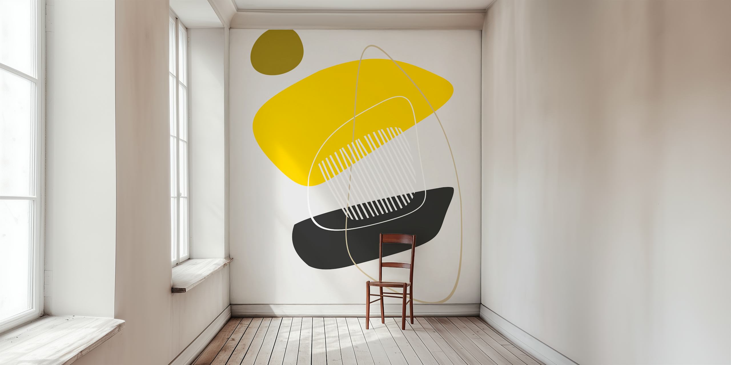 Modern abstract wall mural in yellow, black, and gray with geometric shapes and lines.