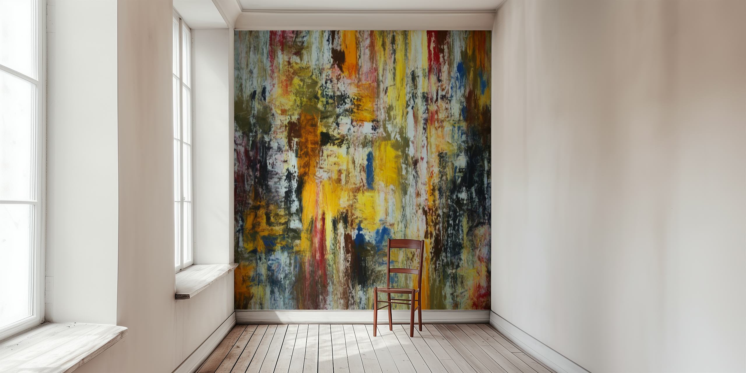 Abstract Composition 977 seinämaalaus keltaisilla, sinisillä ja neutraaleilla siveltimen vedoilla