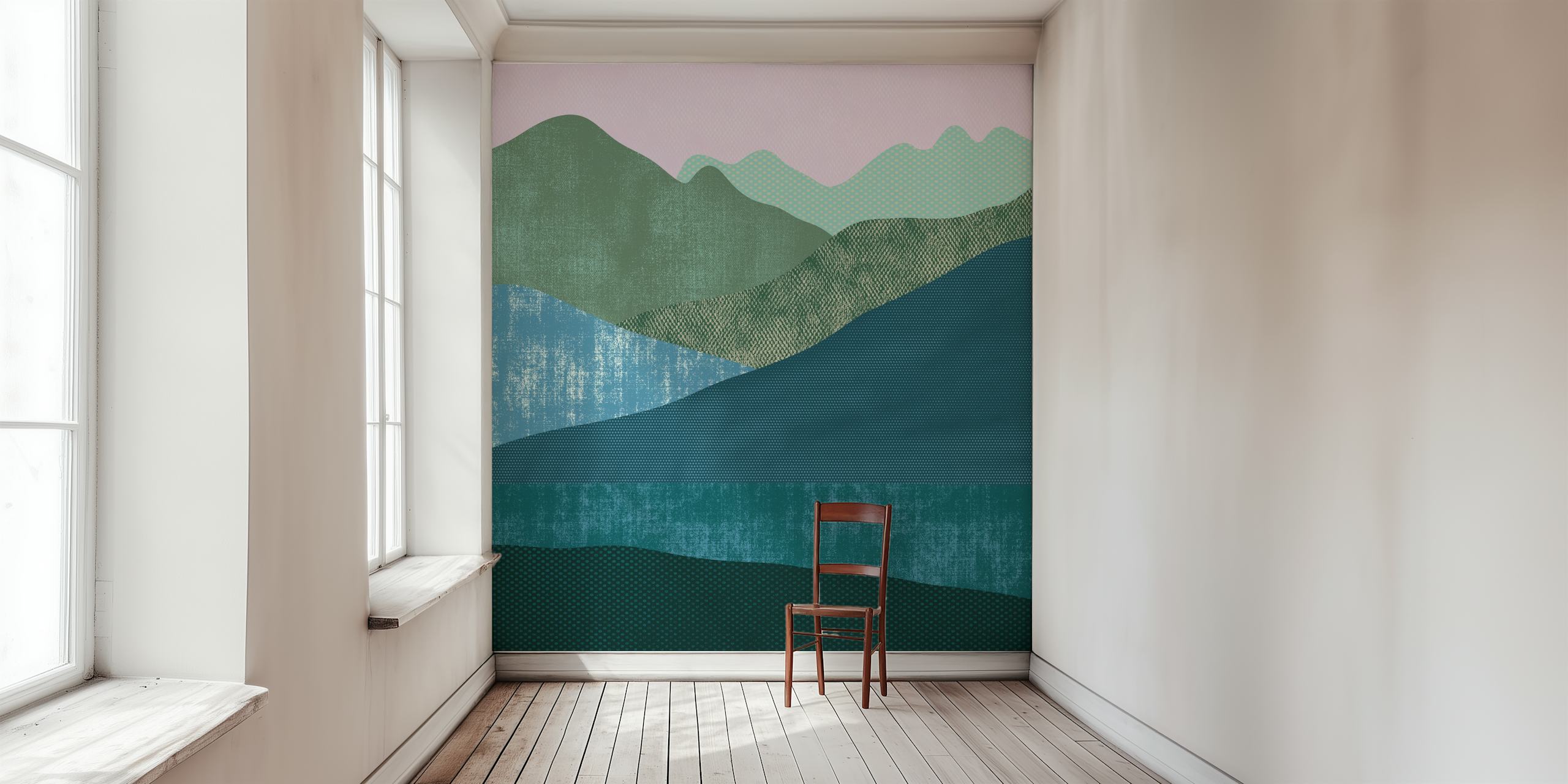 Abstract mountain and river wall mural in soothing colors