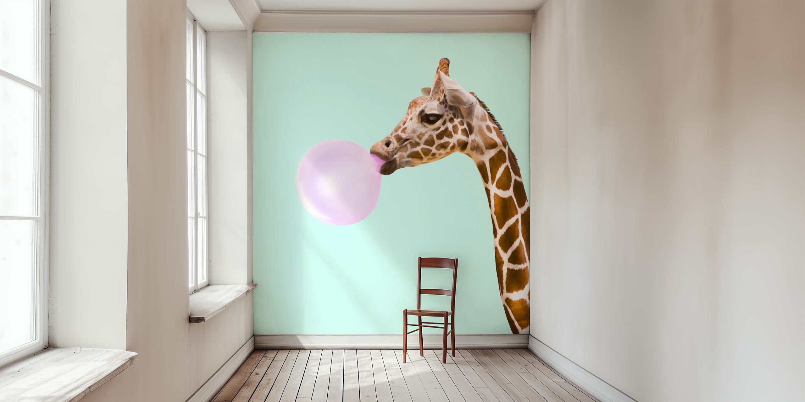 Giraffe blowing a pink bubblegum bubble against a mint green background wallpaper
