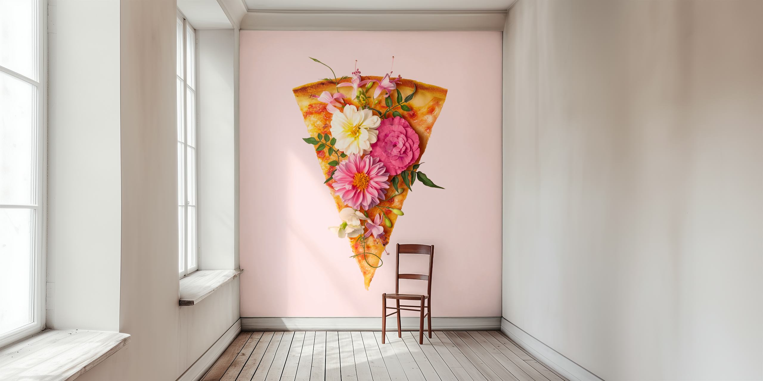 Pizza slice topped with colorful flowers on pink background wallpaper