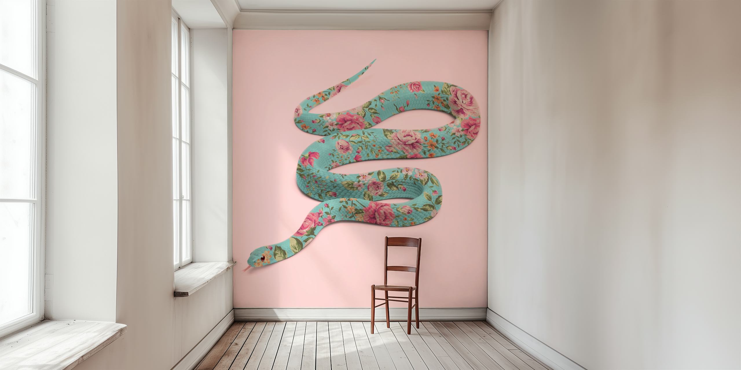 Floral snake wallpaper with blue snake design and rose patterns
