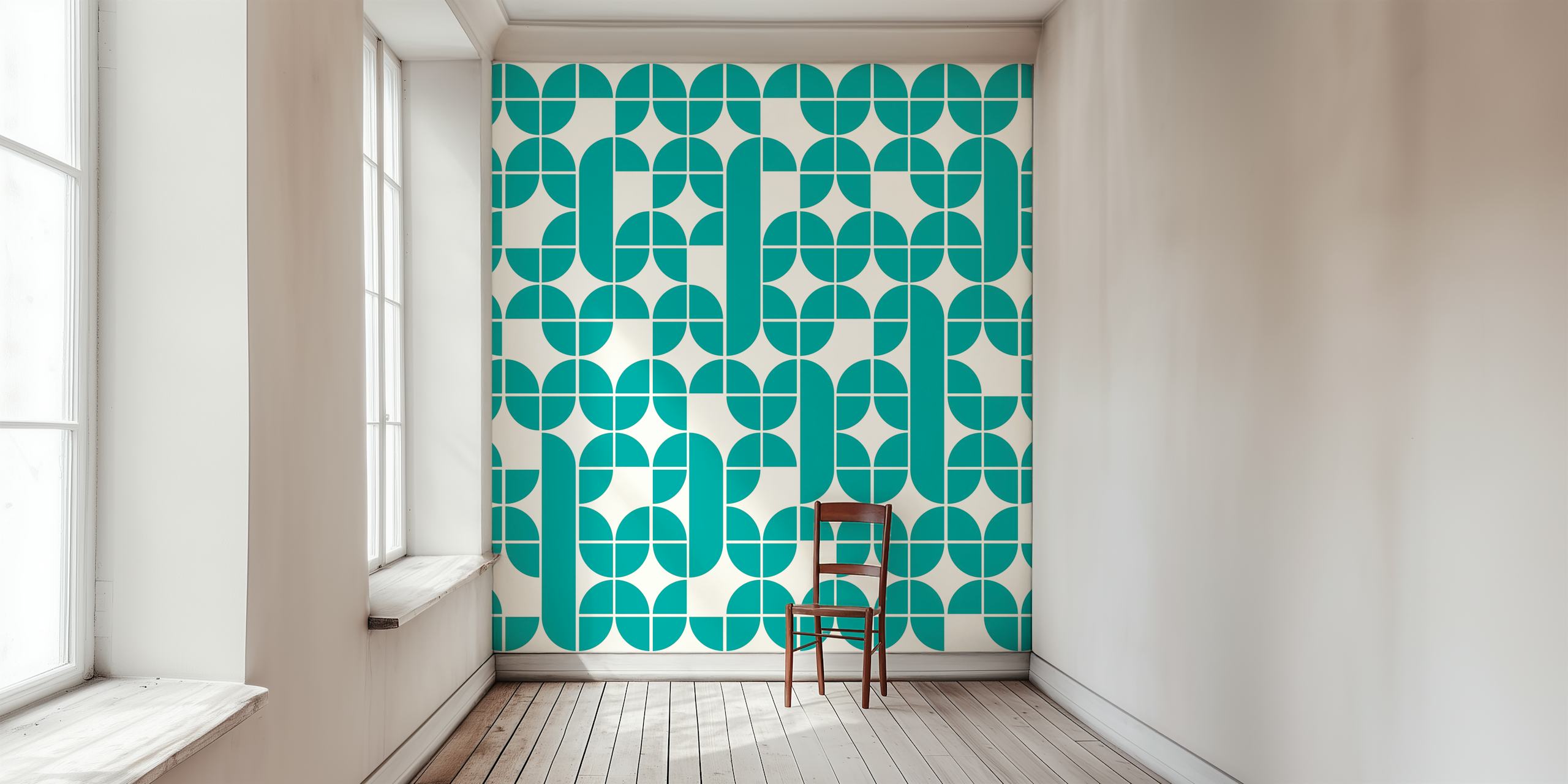 Tapeta Mid Century Pattern Cyan w pokoju