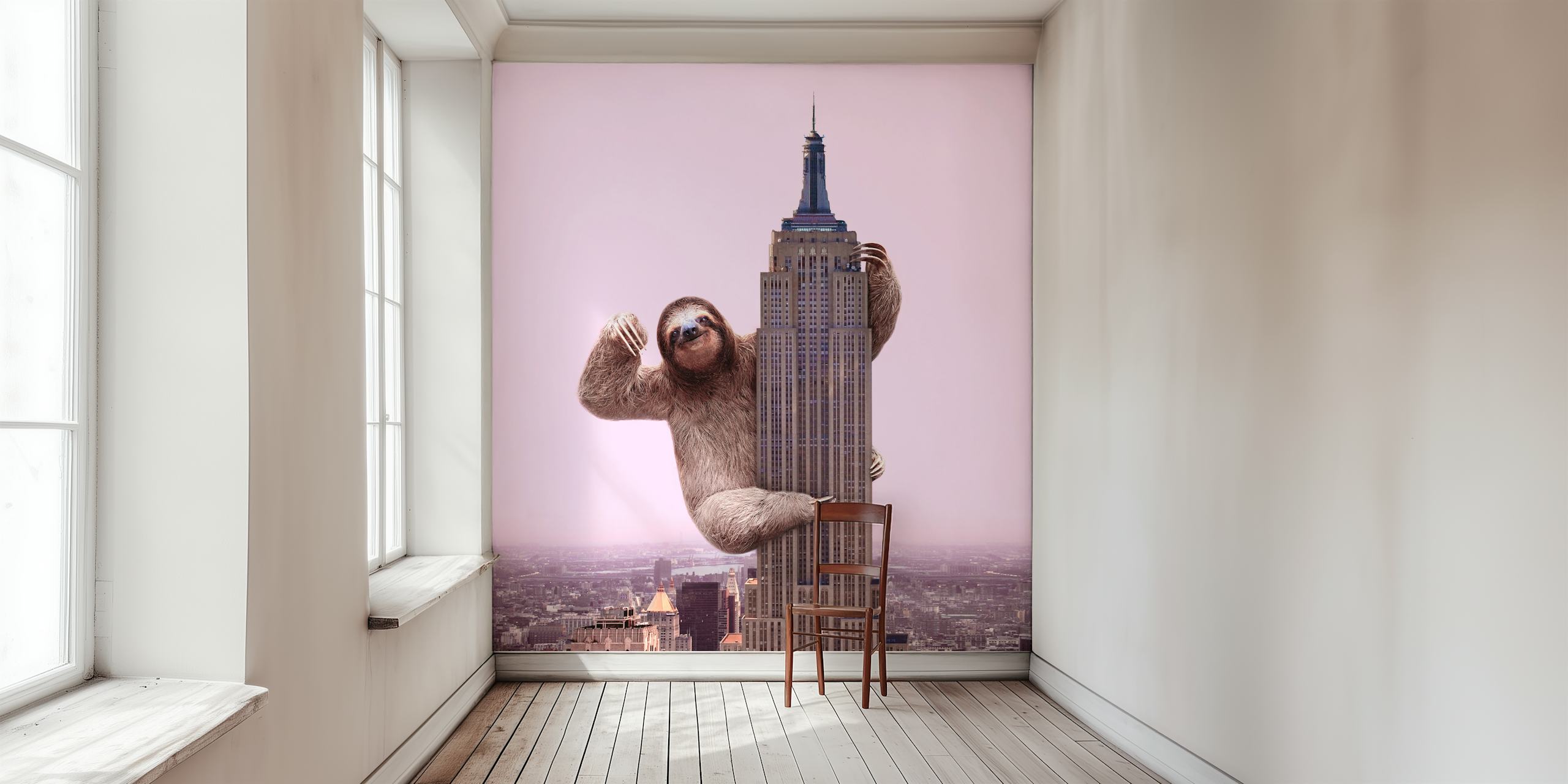 King Sloth wall mural with a sloth perched on a skyscraper