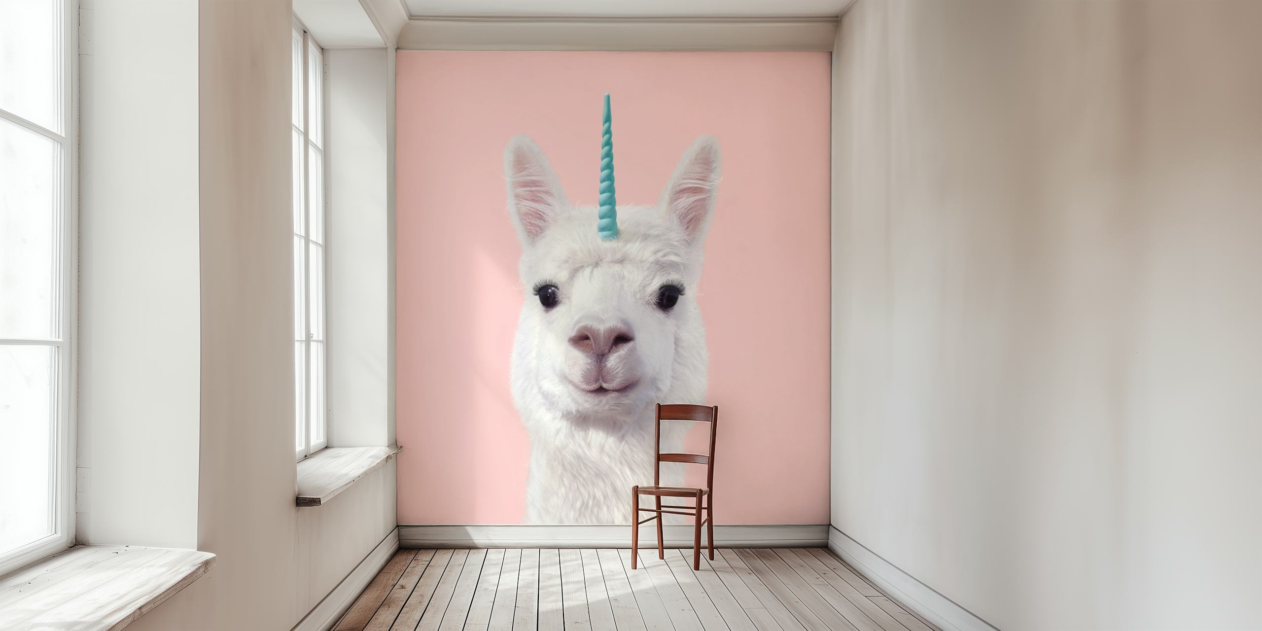 Unicorn alpaca with a teal horn on pink background wallpaper