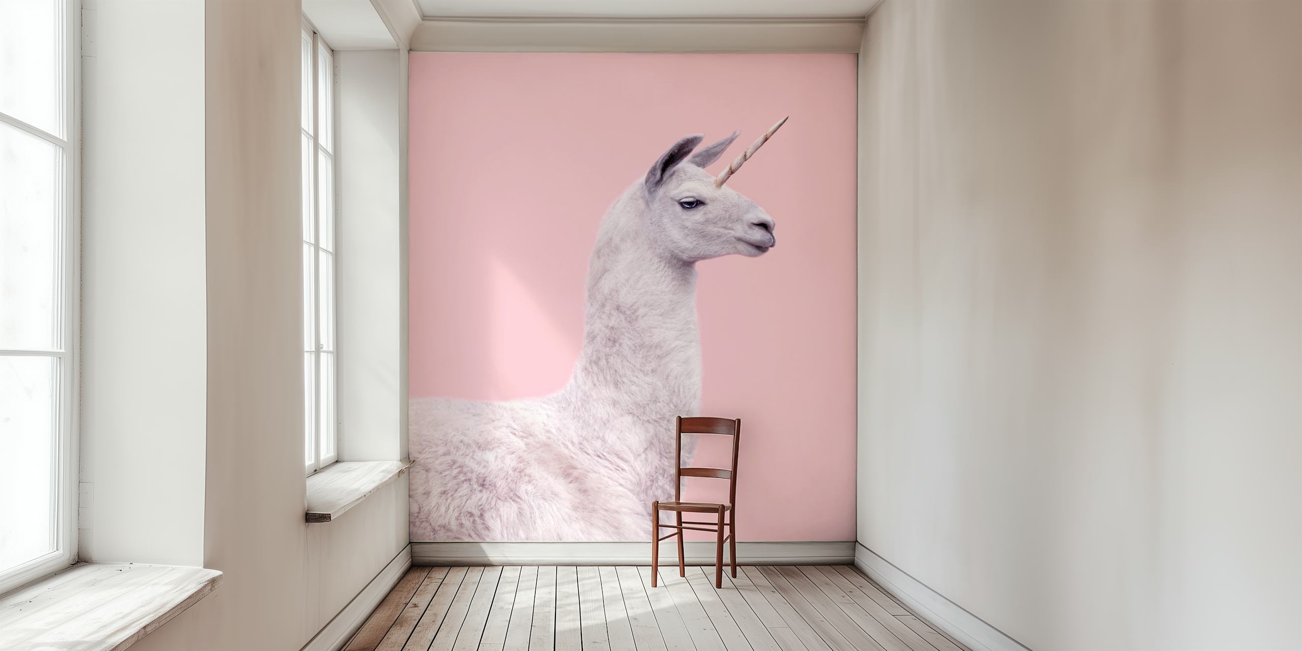 Finurligt Lama Unicorn-Vægmaleri Med Pastellyserød Baggrund
