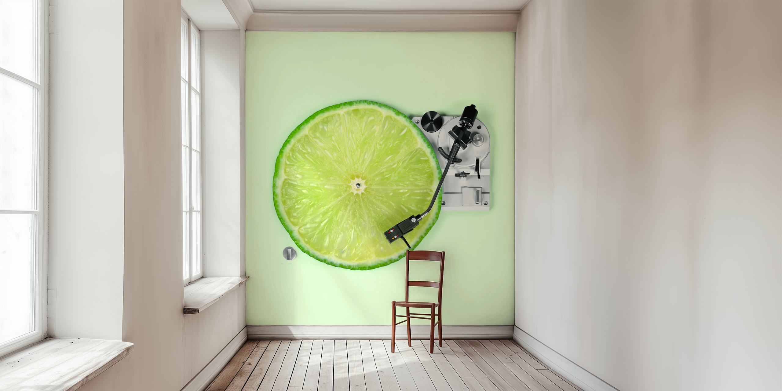 Vinyylilevyä muistuttava sitruunaviipale pastellinvihreällä taustamaalauksella