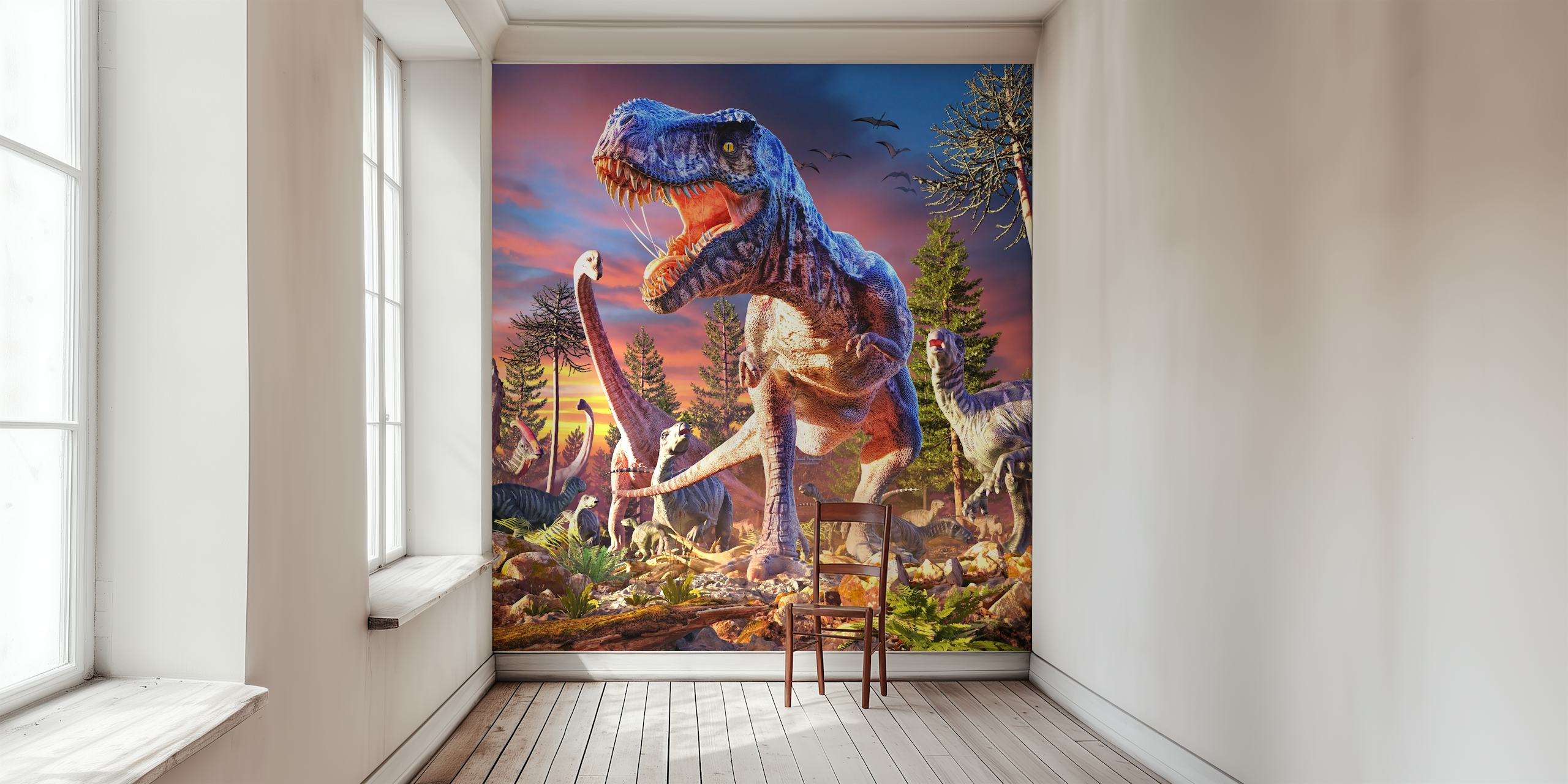 Dinosaur scene with T-Rex and other dinosaurs in vibrant colors wallpaper