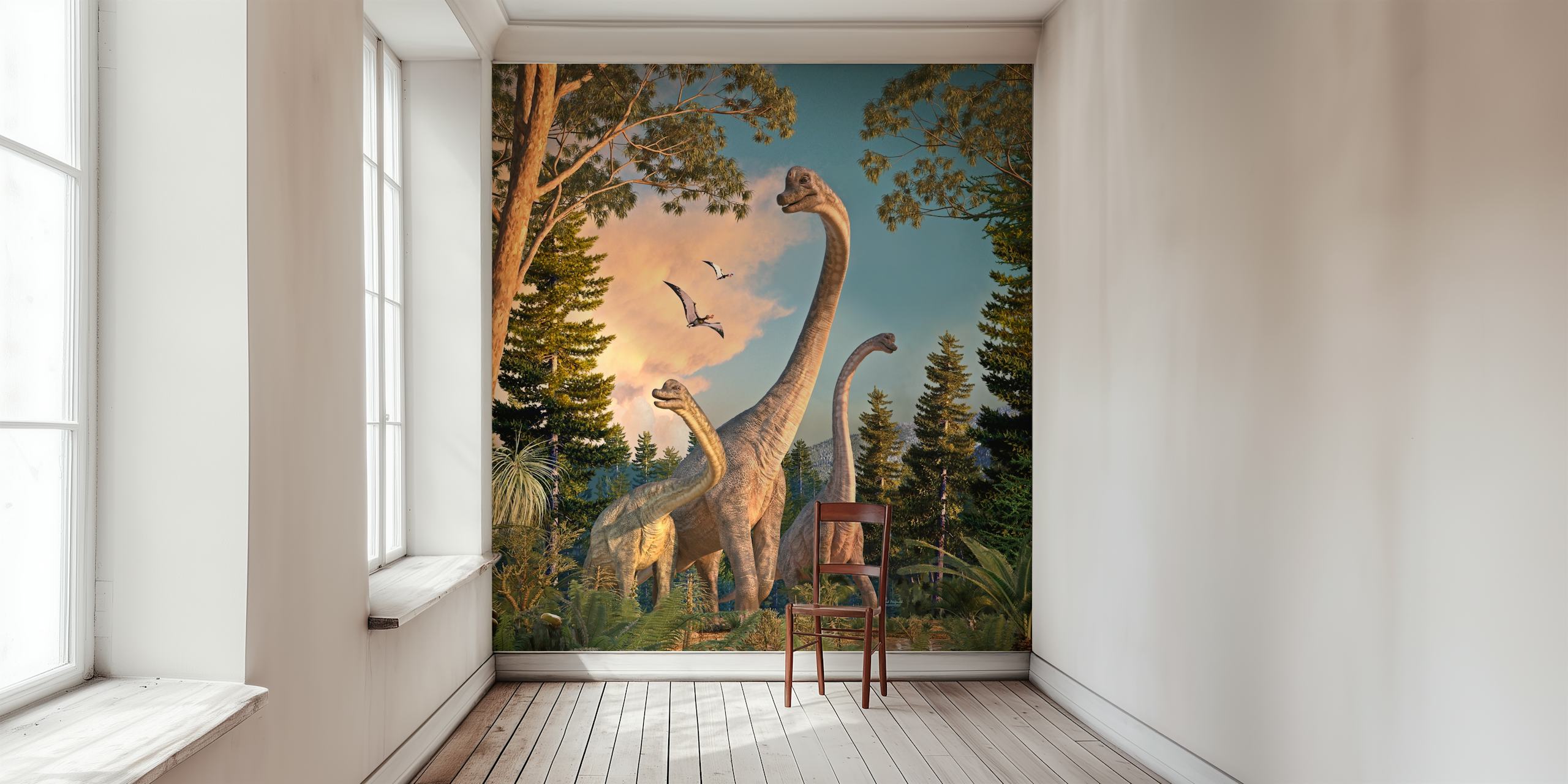 Dinosaurs in a lush green forest with blue sky wallpaper