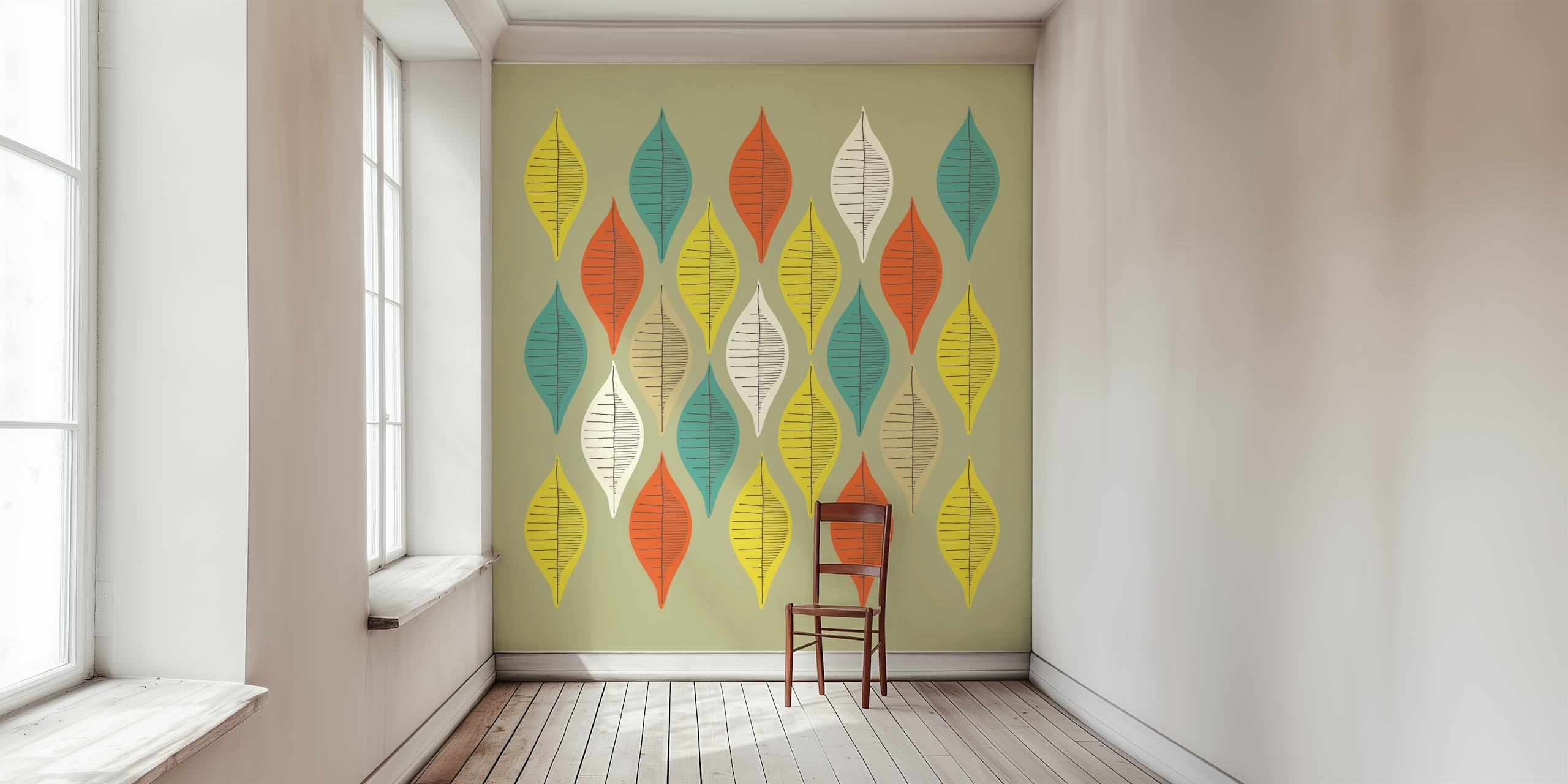 Colorful leaf pattern in greens, yellows, and reds wallpaper