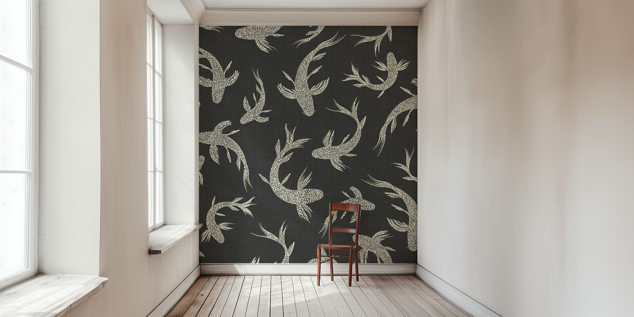 Koi fish pattern in metallic silver on charcoal background wallpaper