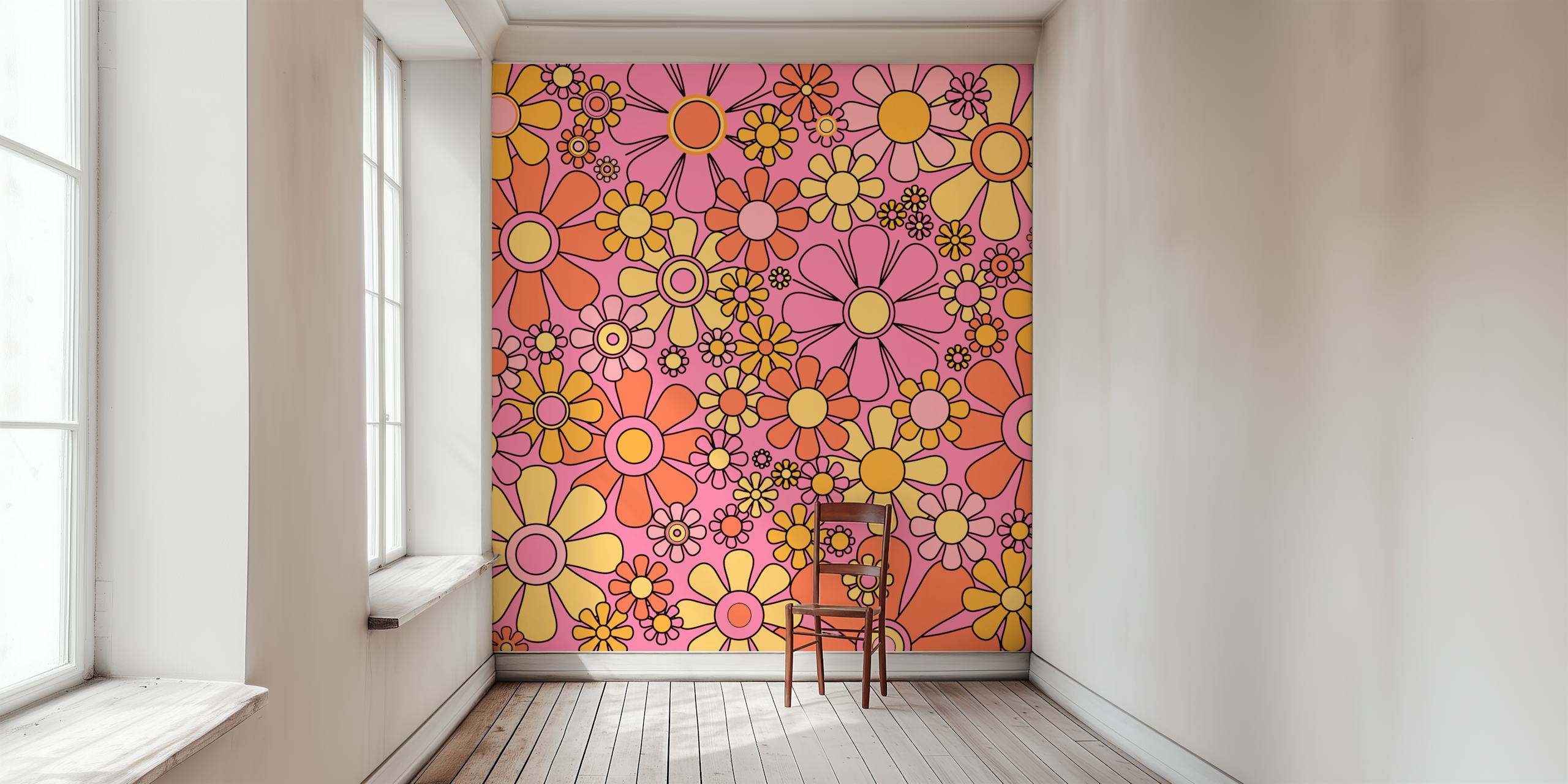Groovy Retro Garden Flowers wallpaper in een kamer