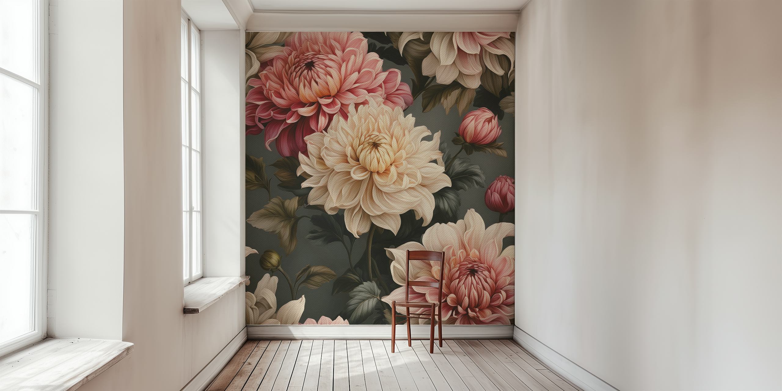 Floral wallpaper featuring elegant dahlia flowers in pink, cream, and dark green tones.