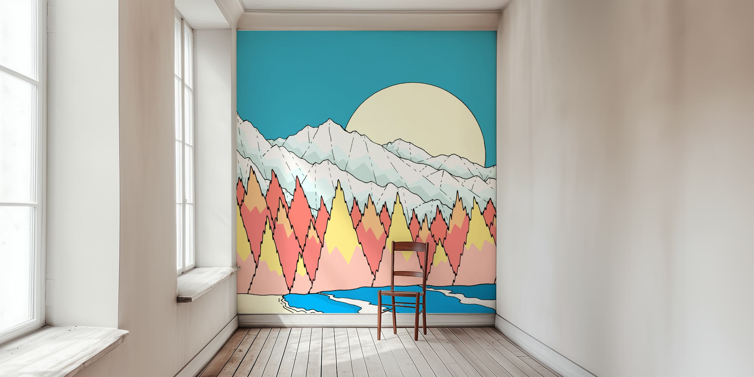Colorful stylized mountains, trees, and sun beach wallpaper