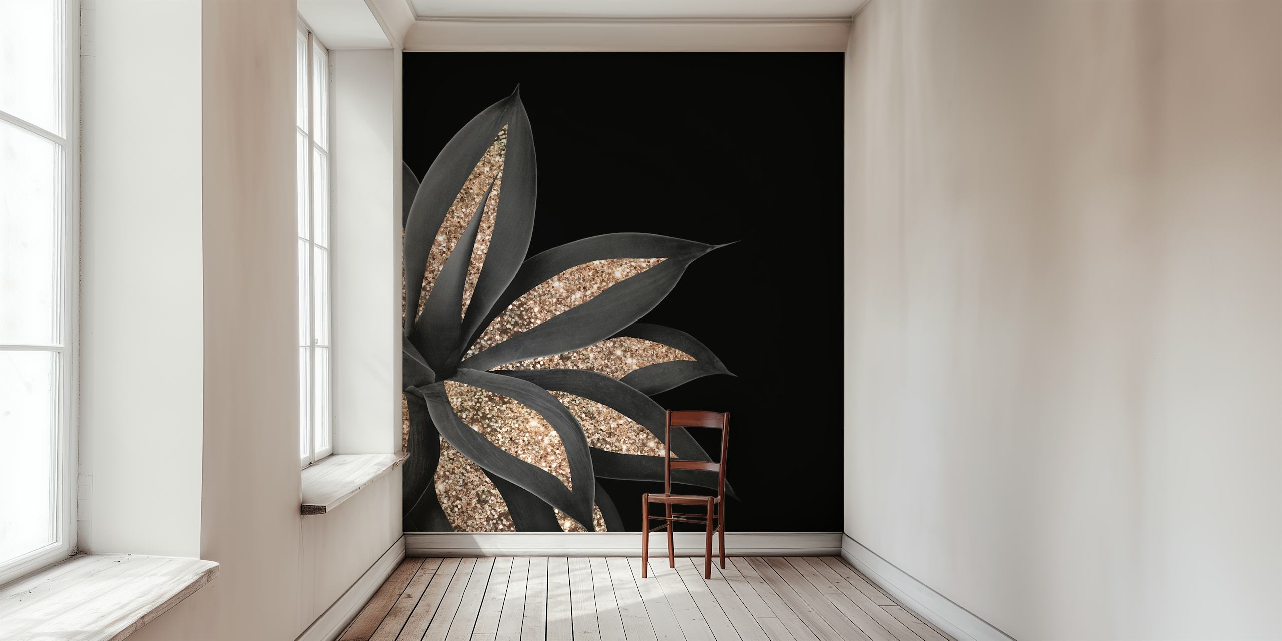 Fotomural silueta de planta de agave con detalles brillantes sobre un fondo oscuro