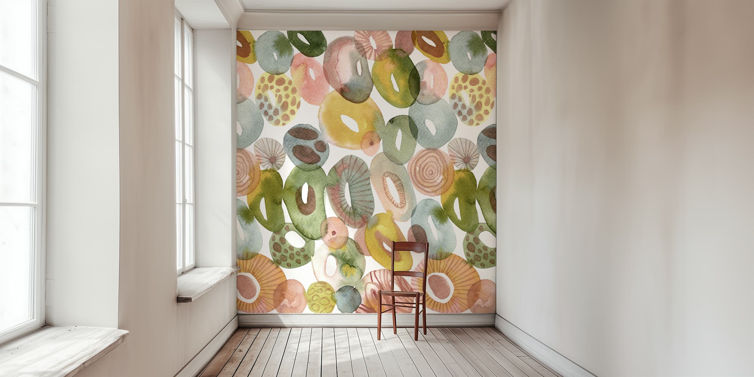 Colorful abstract shapes in green, red, pink, and yellow watercolor wallpaper