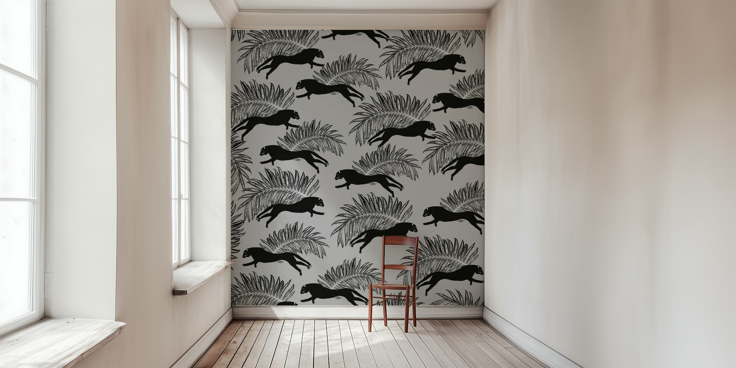 Black panther silhouettes and palm leaves on gray background wallpaper