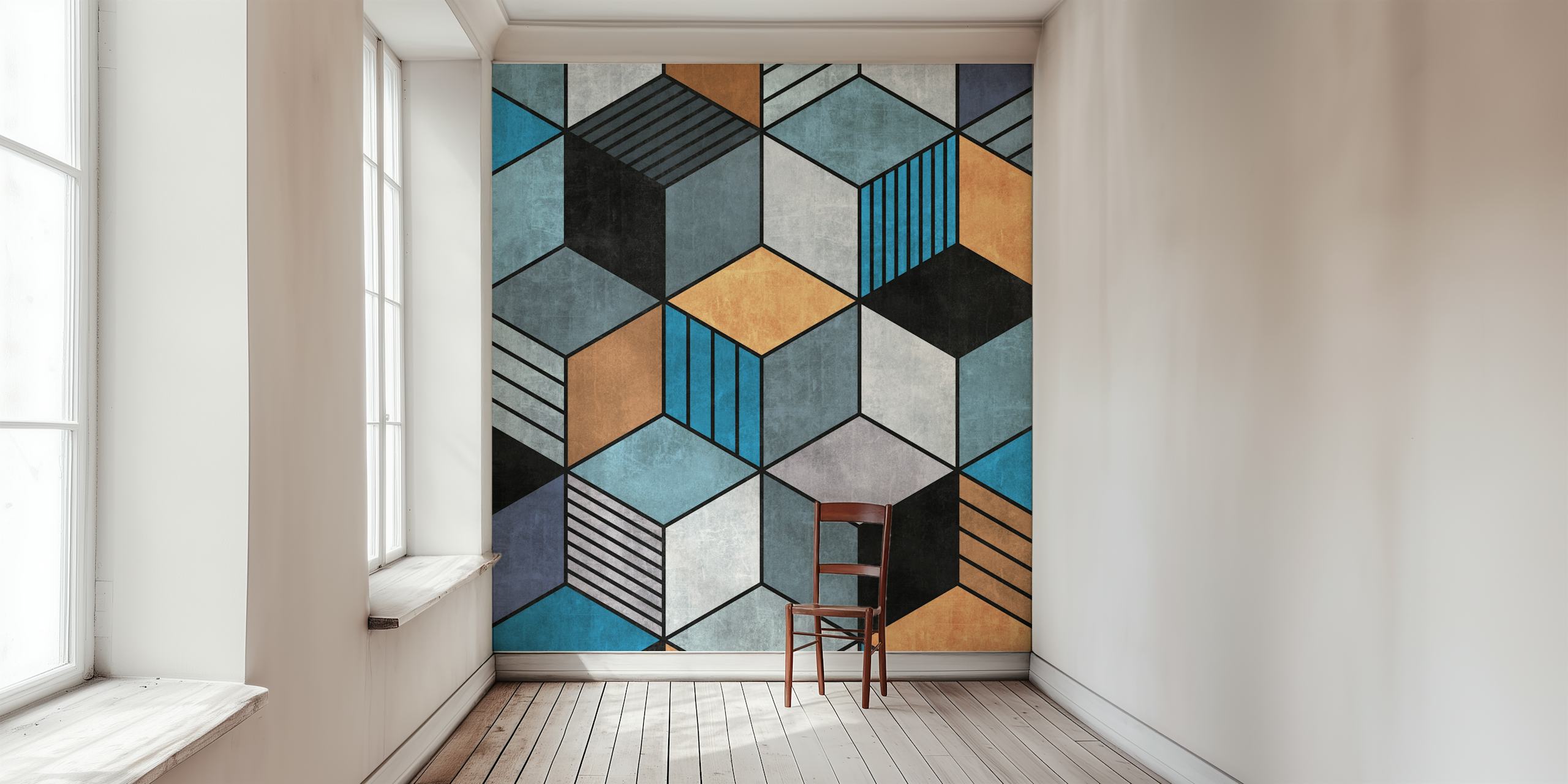 Colorful geometric cubes in blue, gray, and orange wallpaper