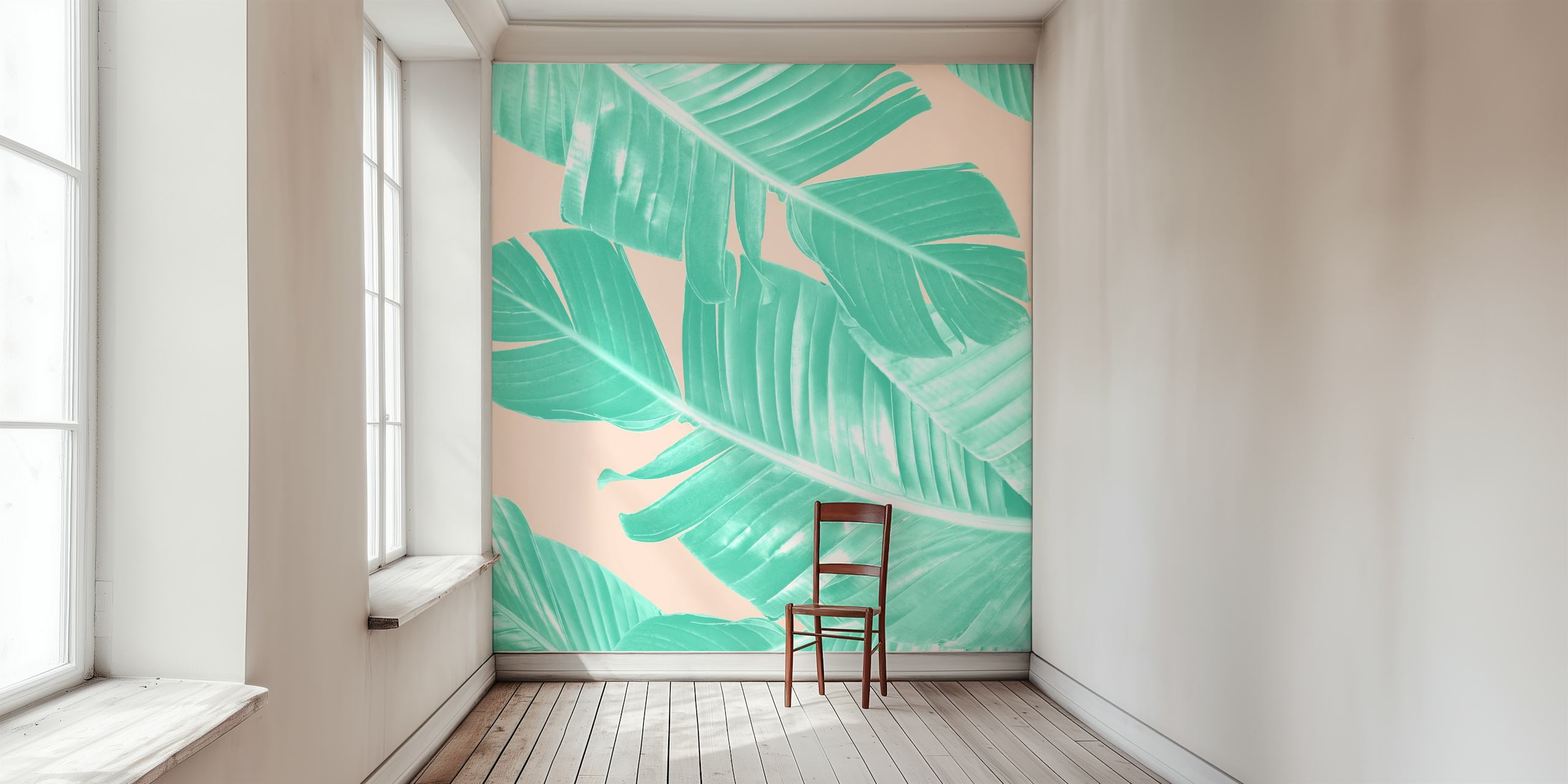 Mint green banana leaves on a beige background wallpaper