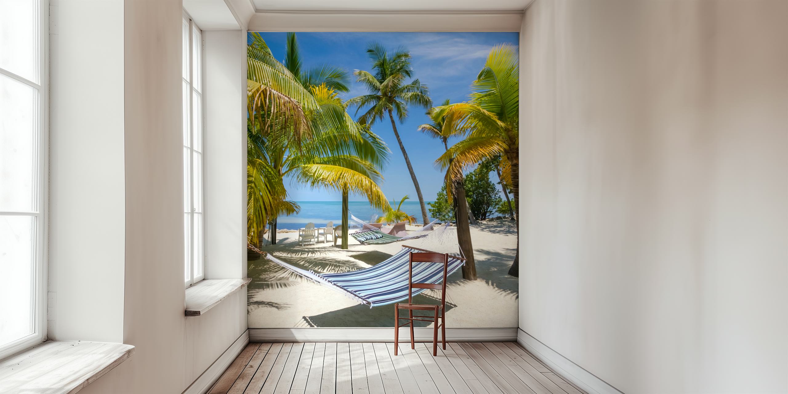 Florida Keys tropical beach wall mural with hammock and palm trees