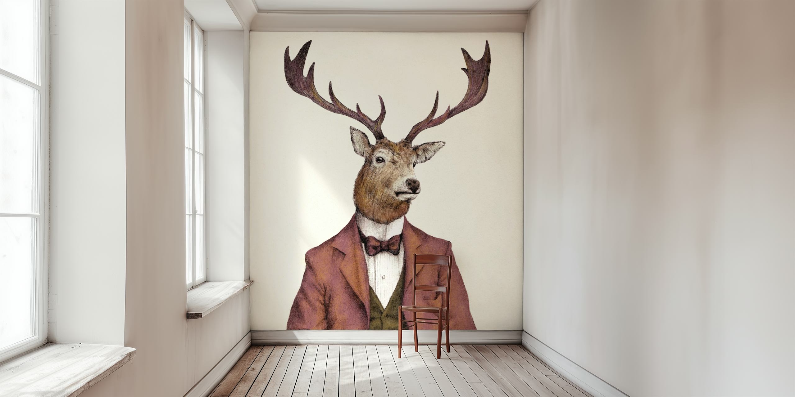 Deer dressed in a suit with antlers on light background wallpaper