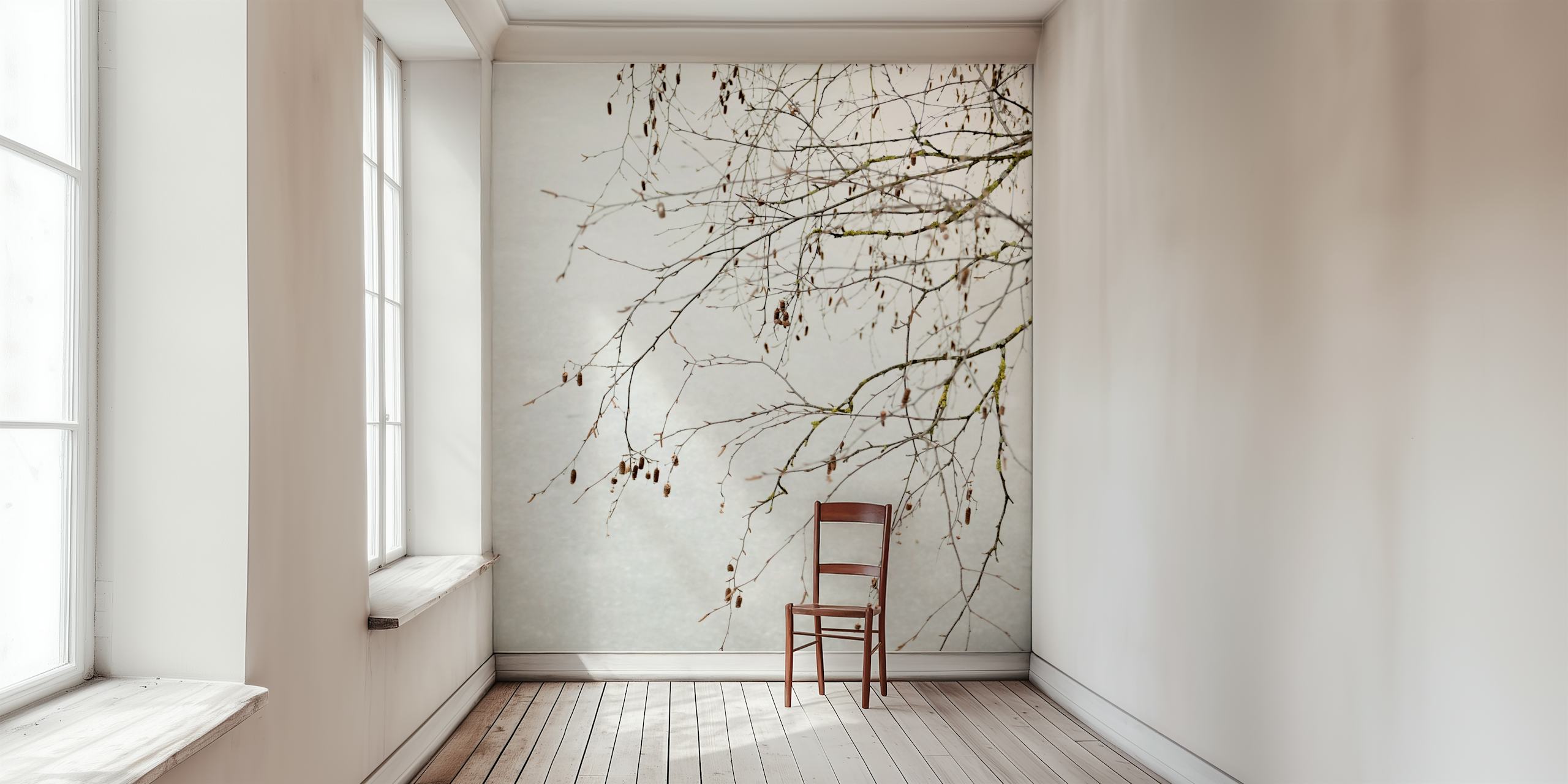 Delicate tree branches on soft gray background wallpaper