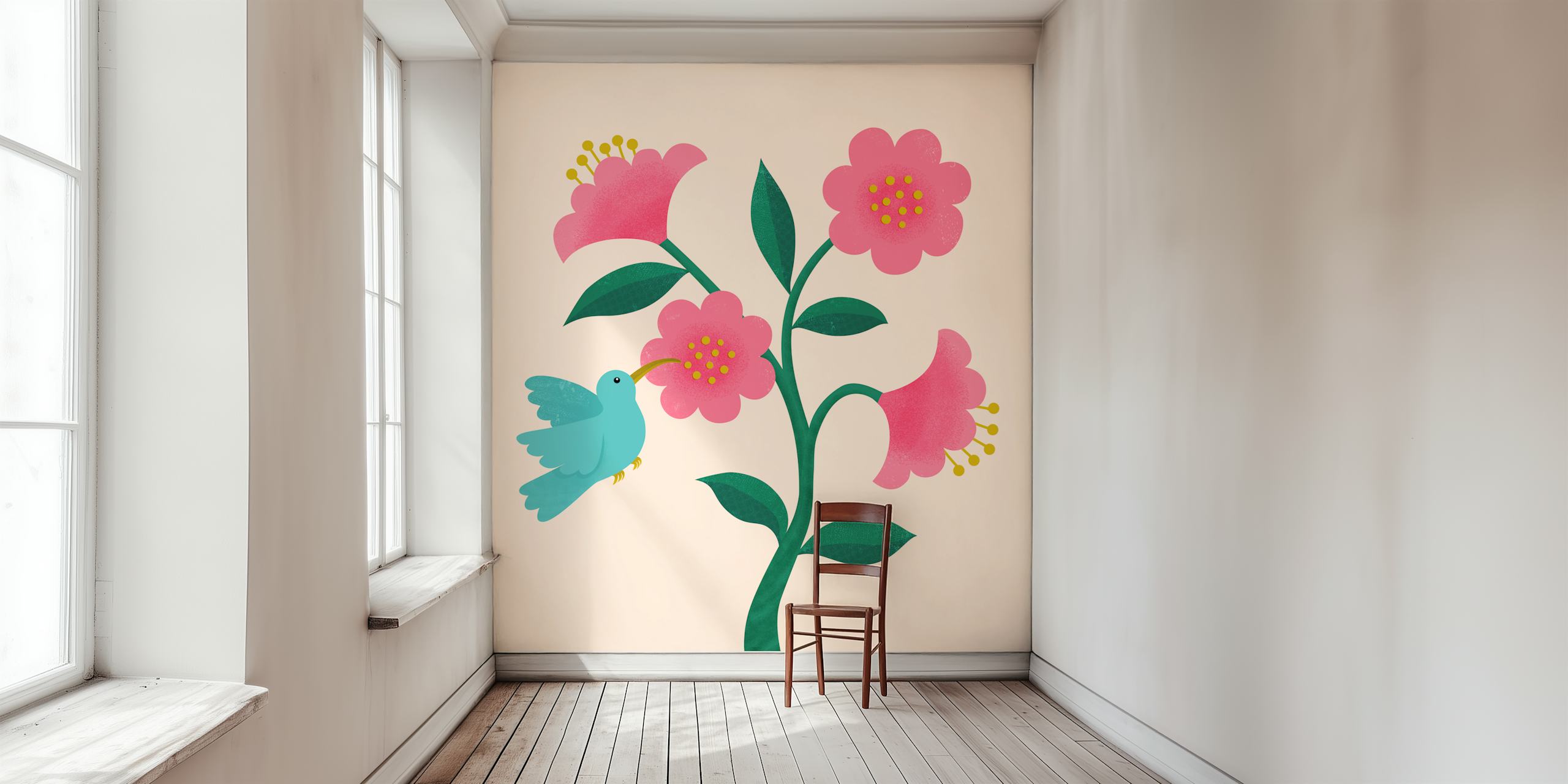 Hummingbirds and camellias wallpaper in a room