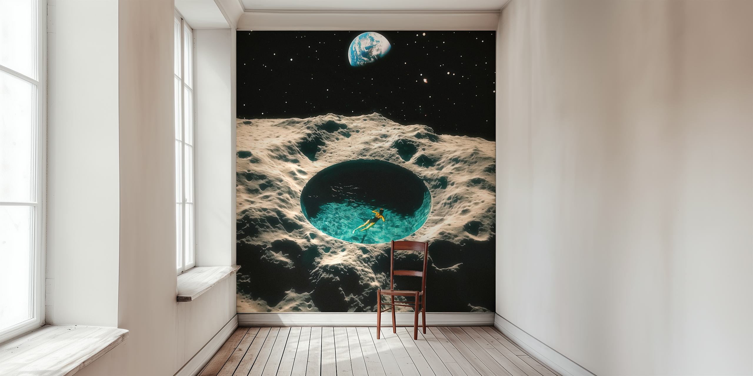 Astronaut floating in blue pool inside a moon crater against a starry sky wallpaper