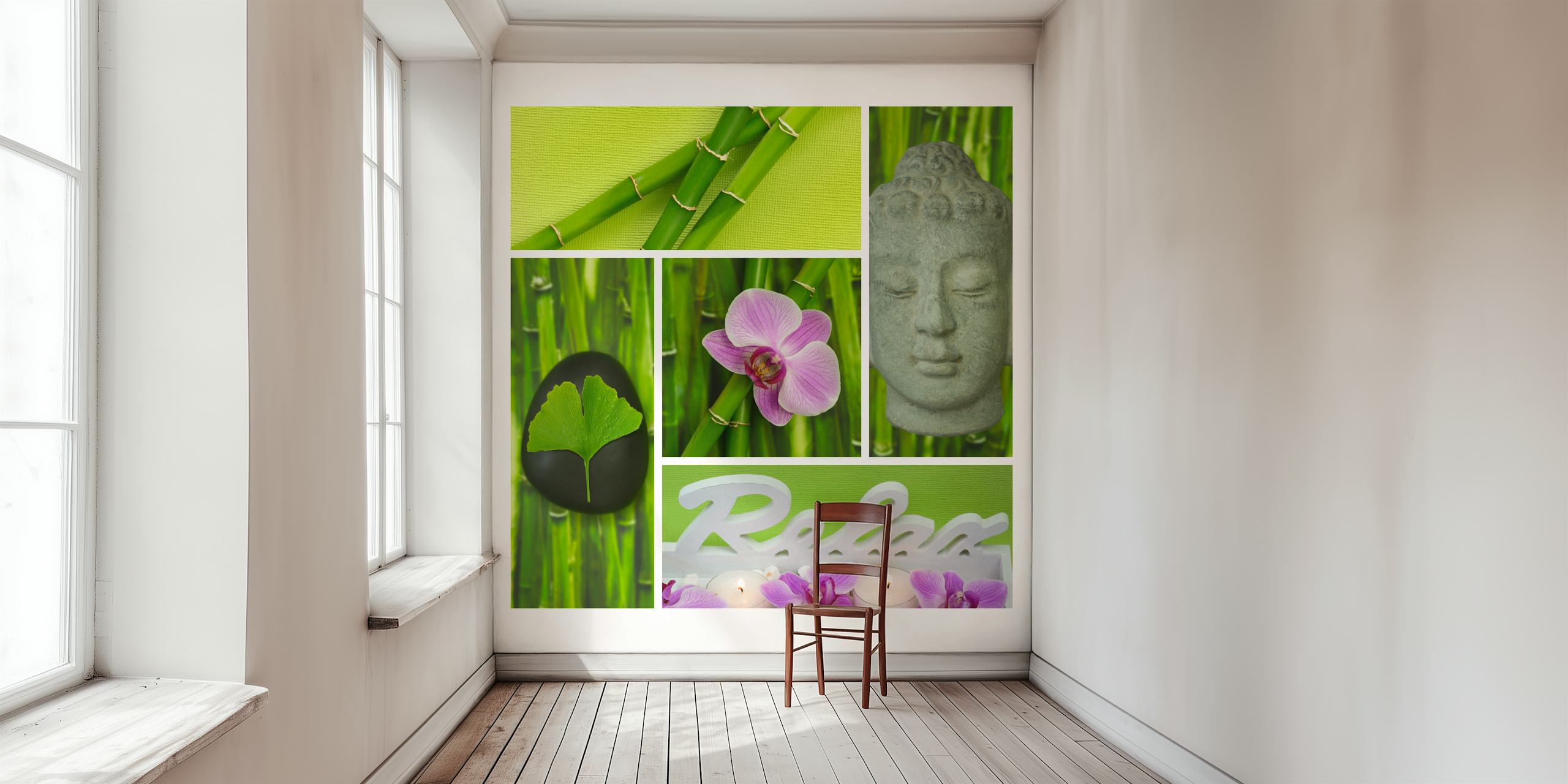 Relax Zen και Buddha τοιχογραφία με μπαμπού, ορχιδέα, πρόσωπο του Βούδα και κείμενο Relax