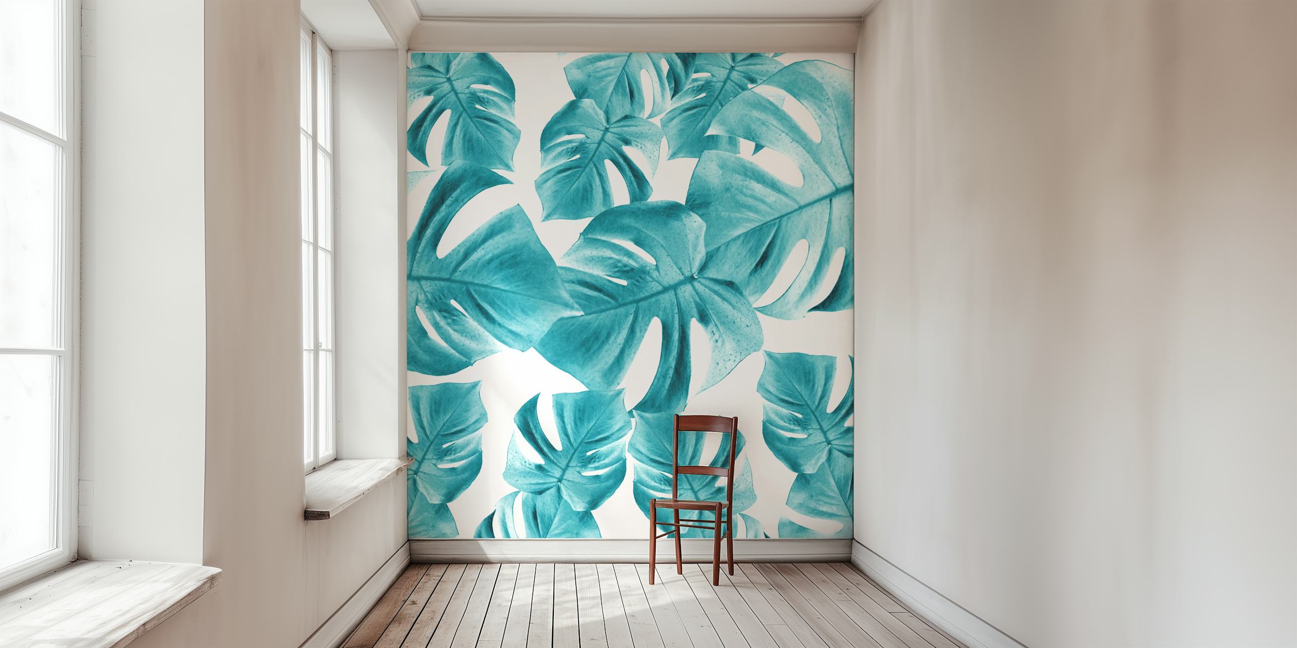 Monstera leaves in teal on white background wallpaper