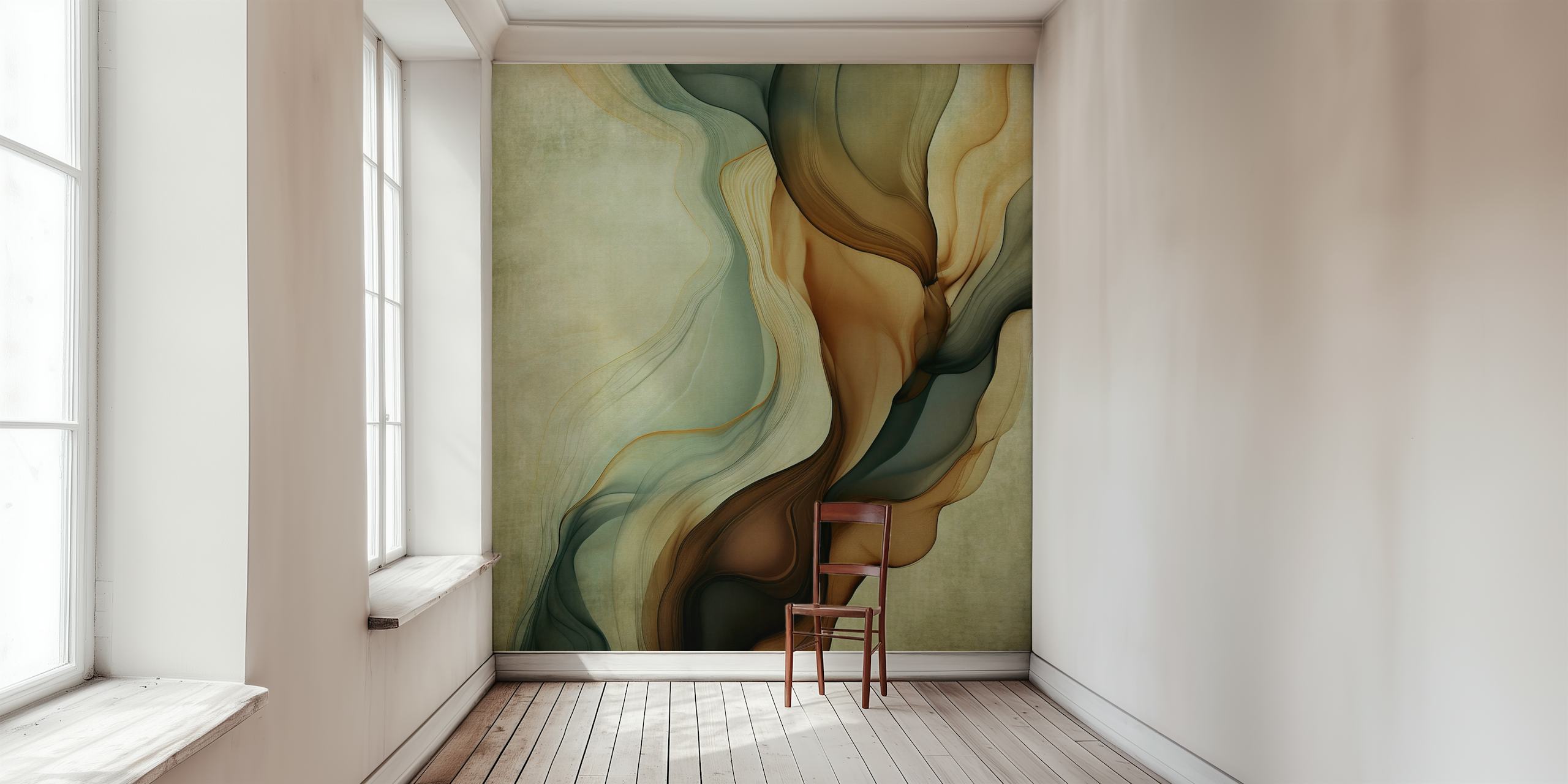 Abstract flowing shapes in brown and blue tones wallpaper