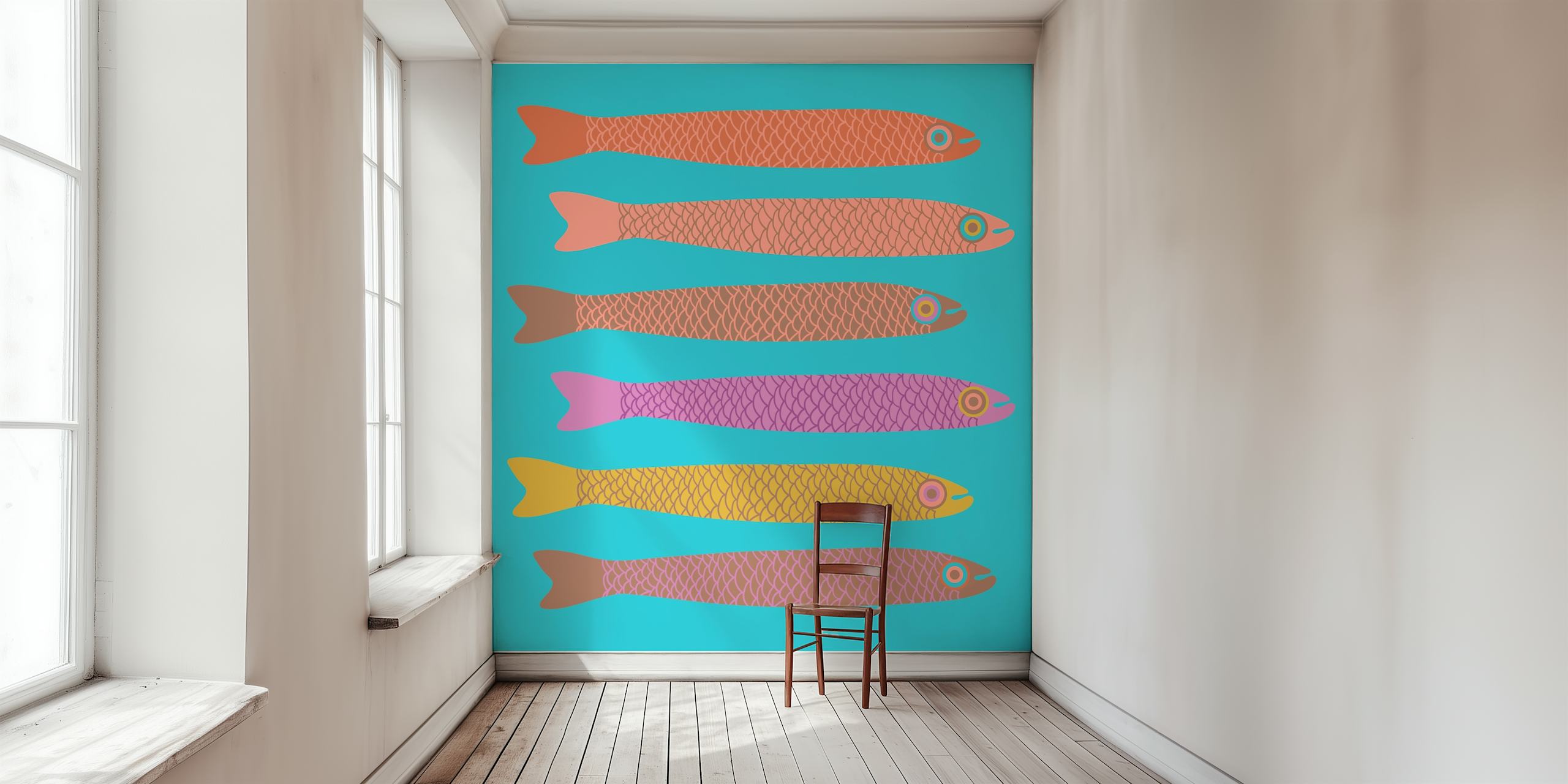 Colorful retro fish in pink, orange, purple, and gold on blue wallpaper