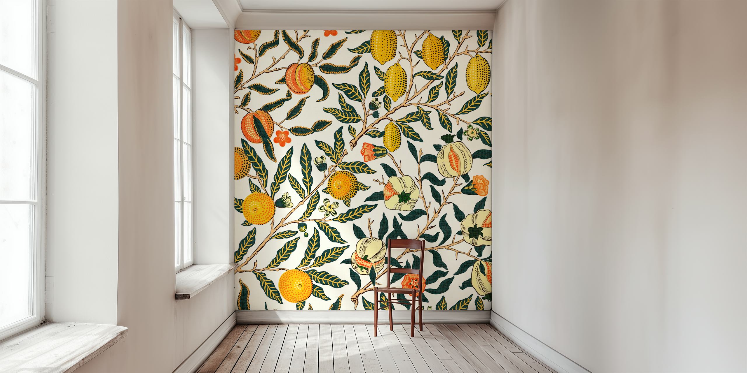 Pomegranate fruit and floral pattern on white wallpaper