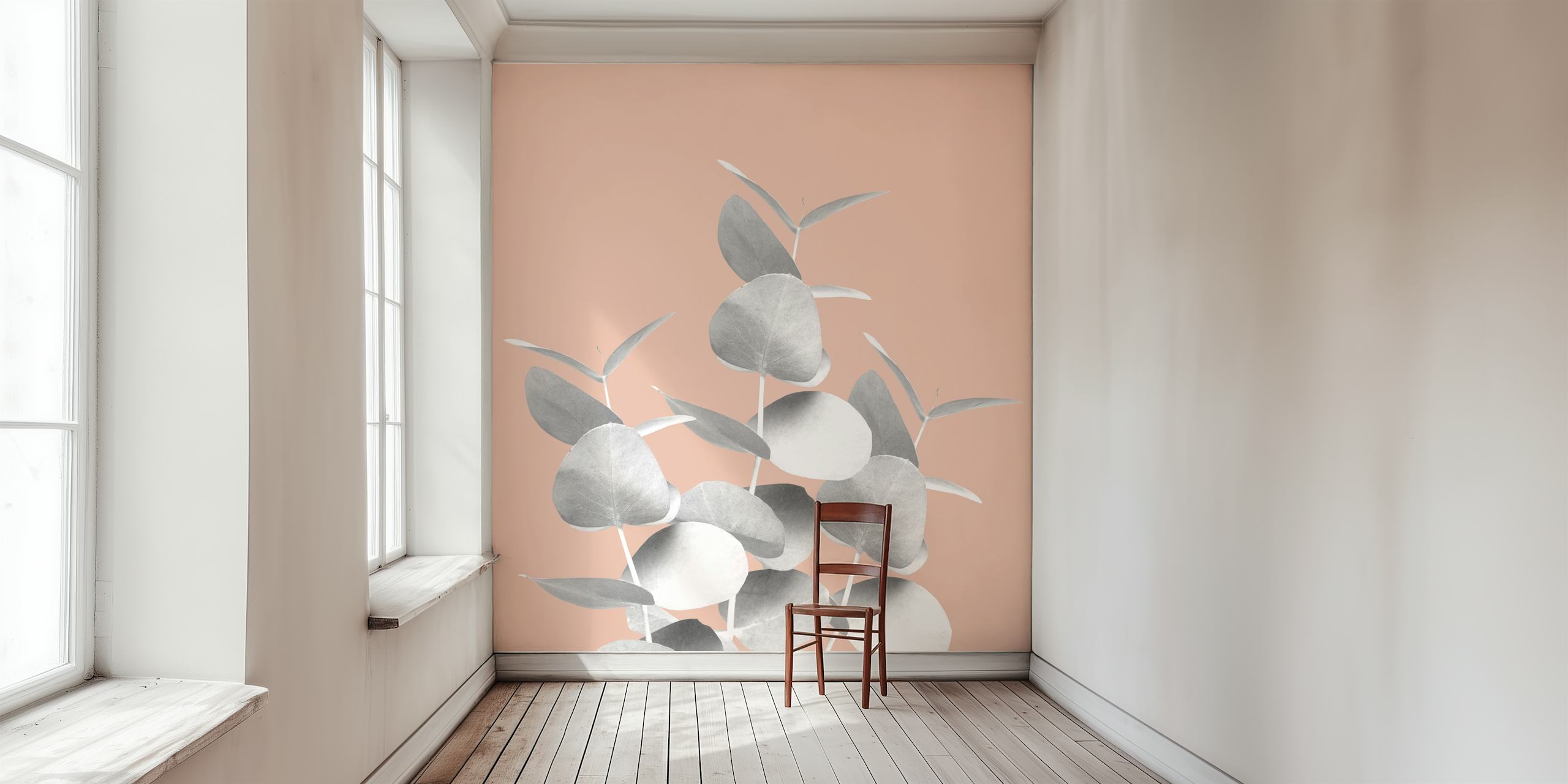Gray eucalyptus leaves on a beige background wallpaper