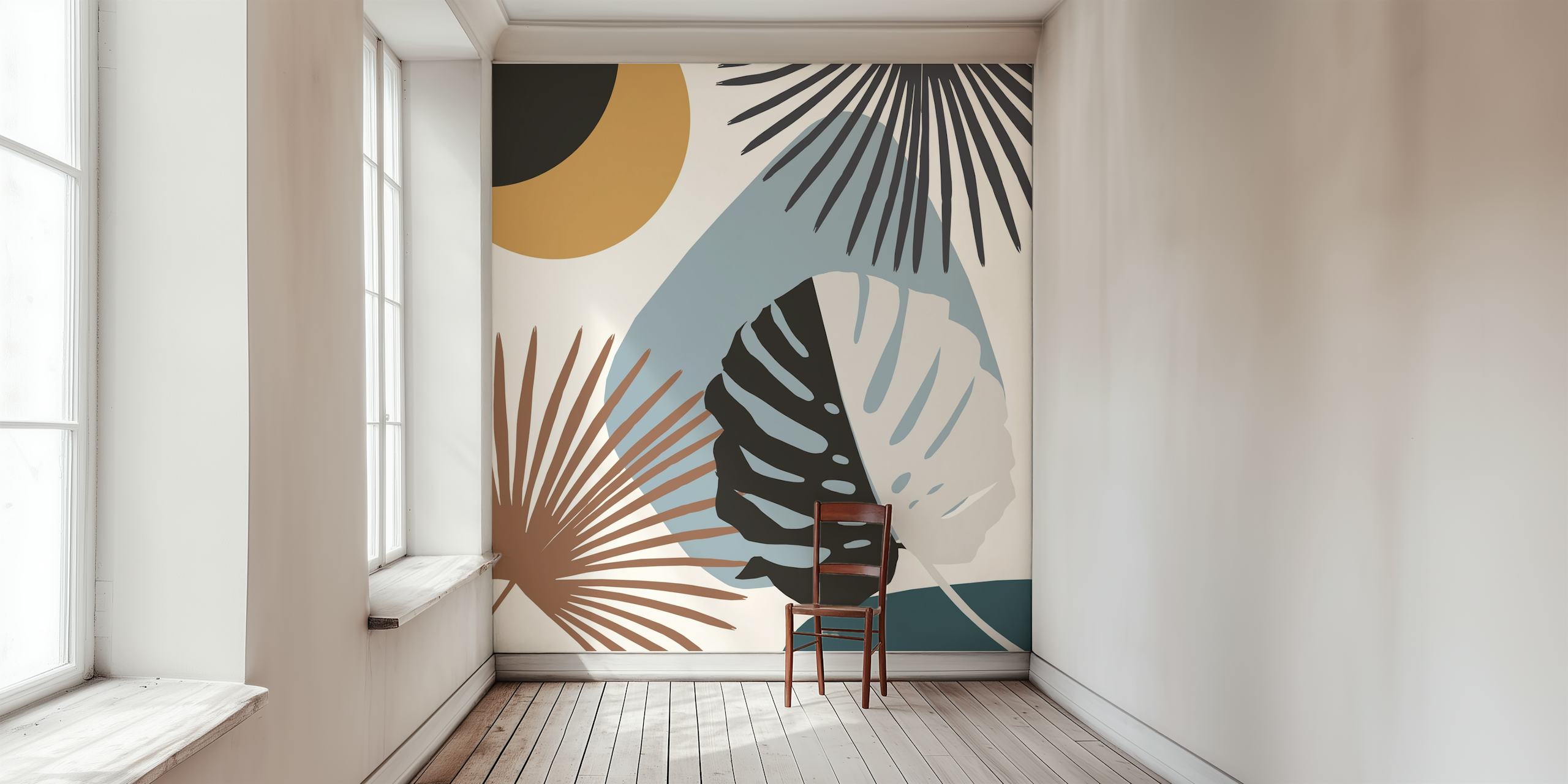 Abstract minimal monstera leaf design in a yin yang composition with earth tones