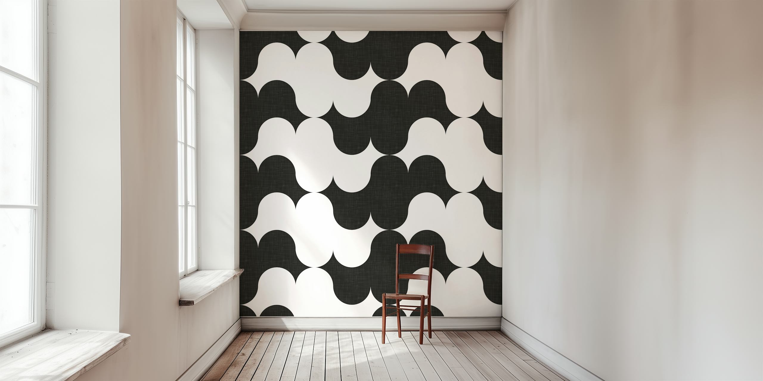 Geometric black and white pattern wallpaper featuring wavy shapes.