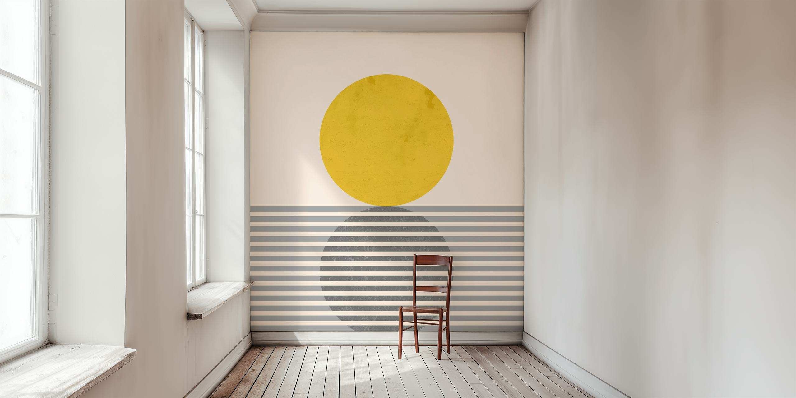 Geometric yellow circle with grey striped background wallpaper