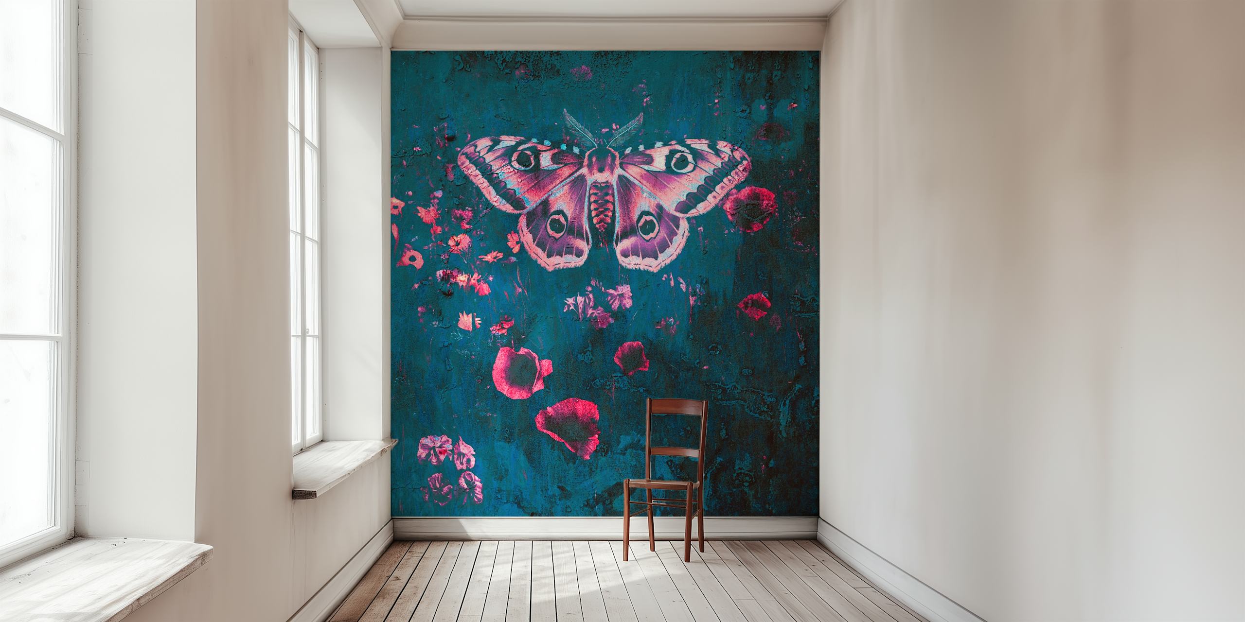 Colorful butterfly with flowers on teal background wallpaper