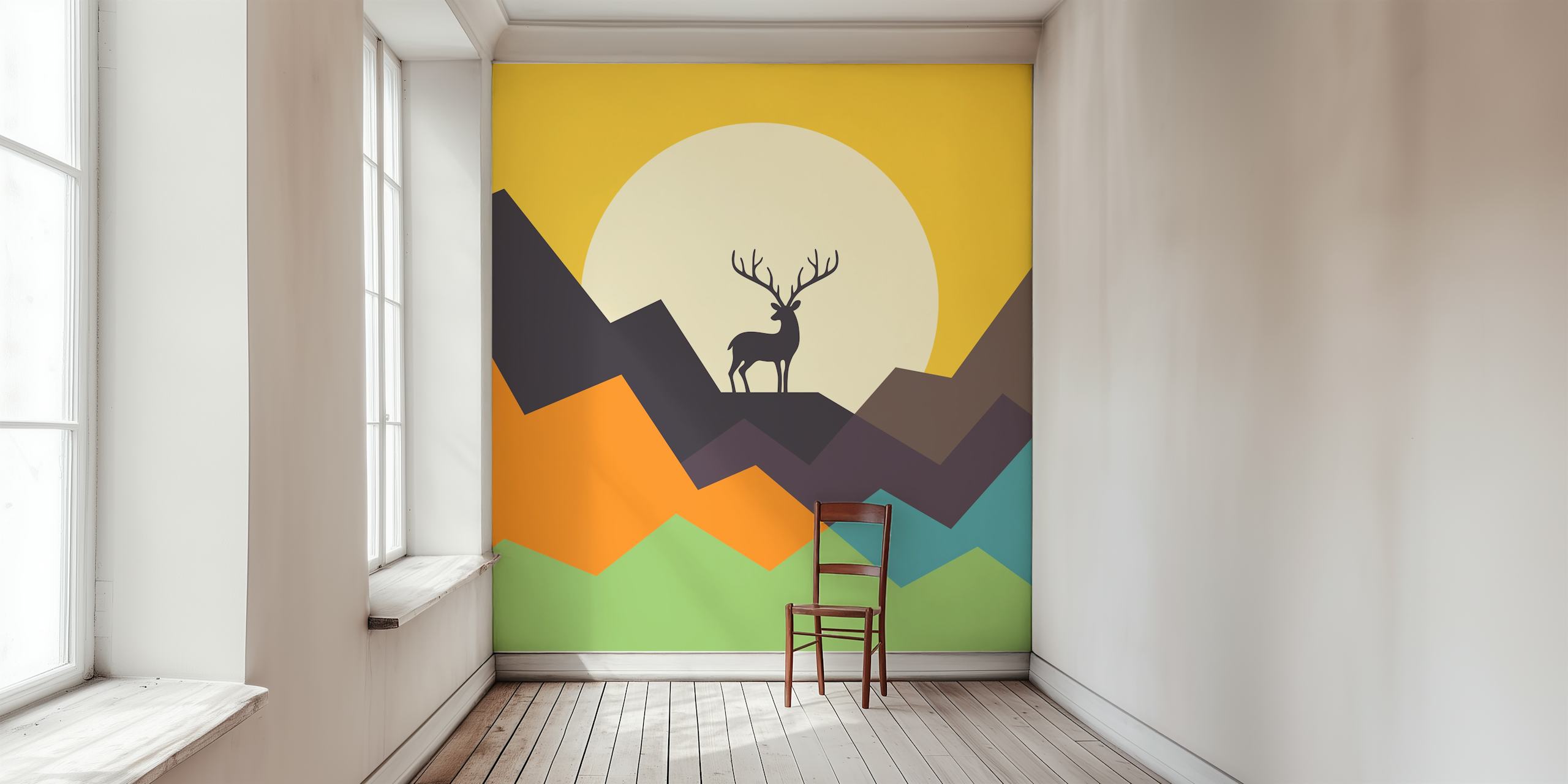 Silhouette of a deer against a colorful mountain backdrop wallpaper