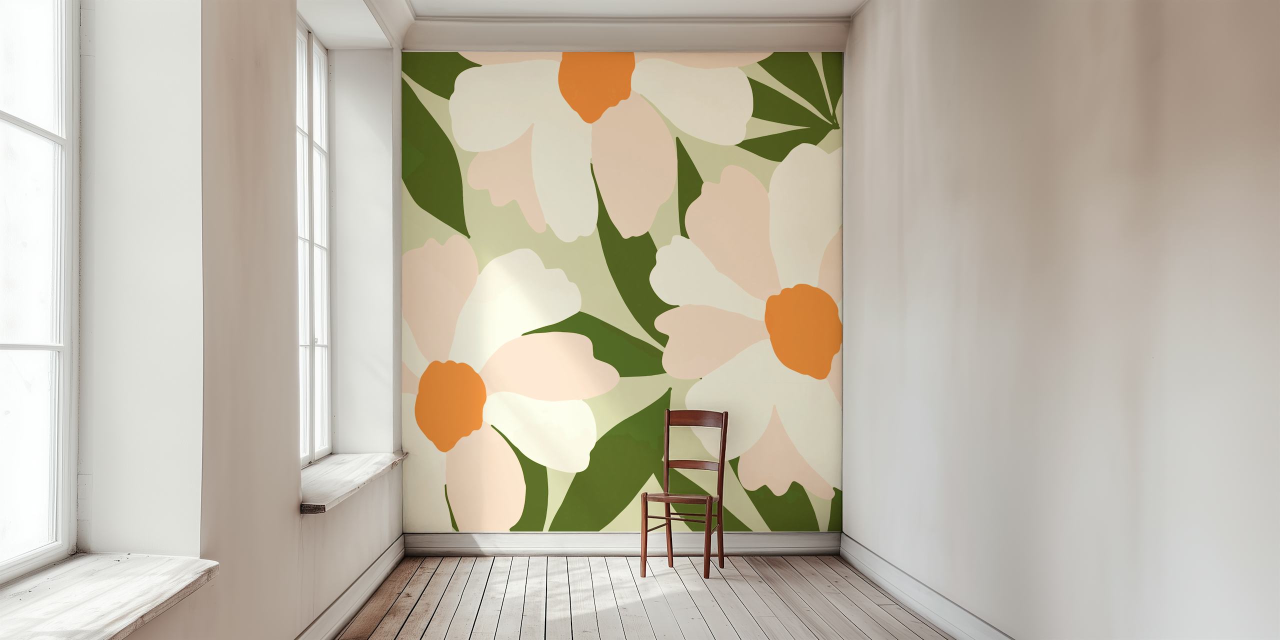 Fleurs roses avec feuilles vertes sur fond pastel, papier peint floral