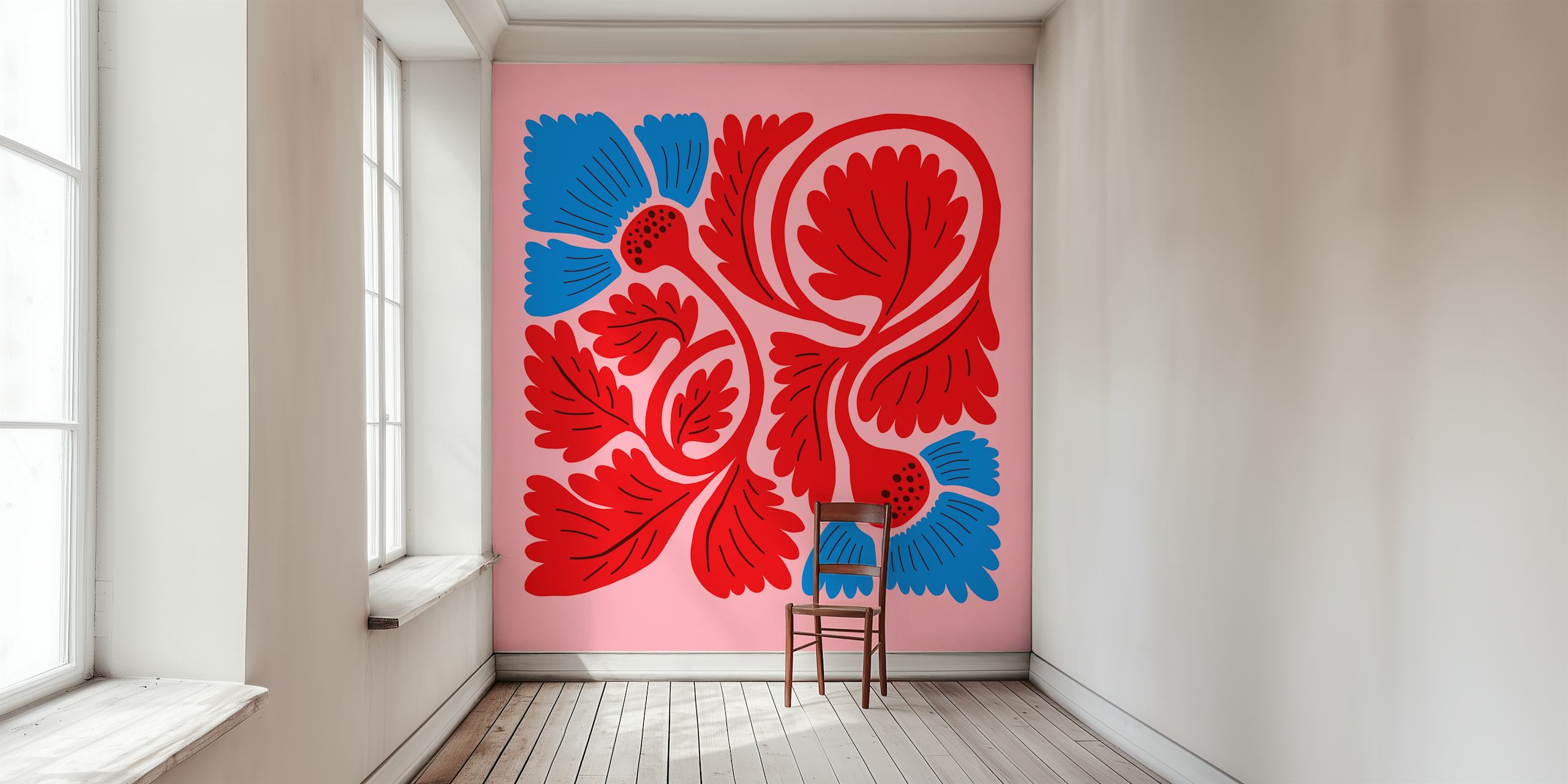 Bold floral design with red and blue flowers on pink background wallpaper