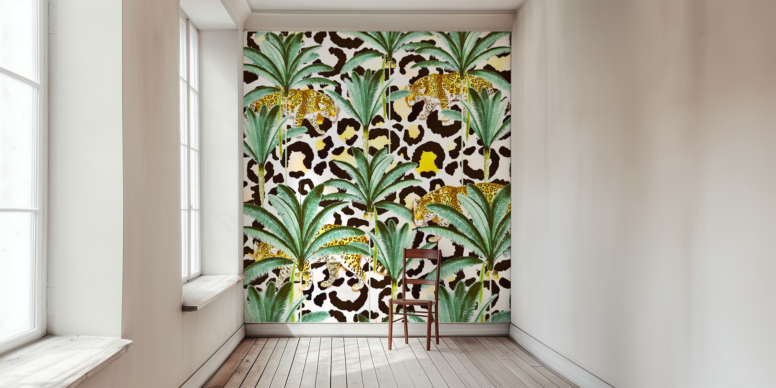 Papier peint Jungle Prowl avec imprimé léopard et feuilles de palmier
