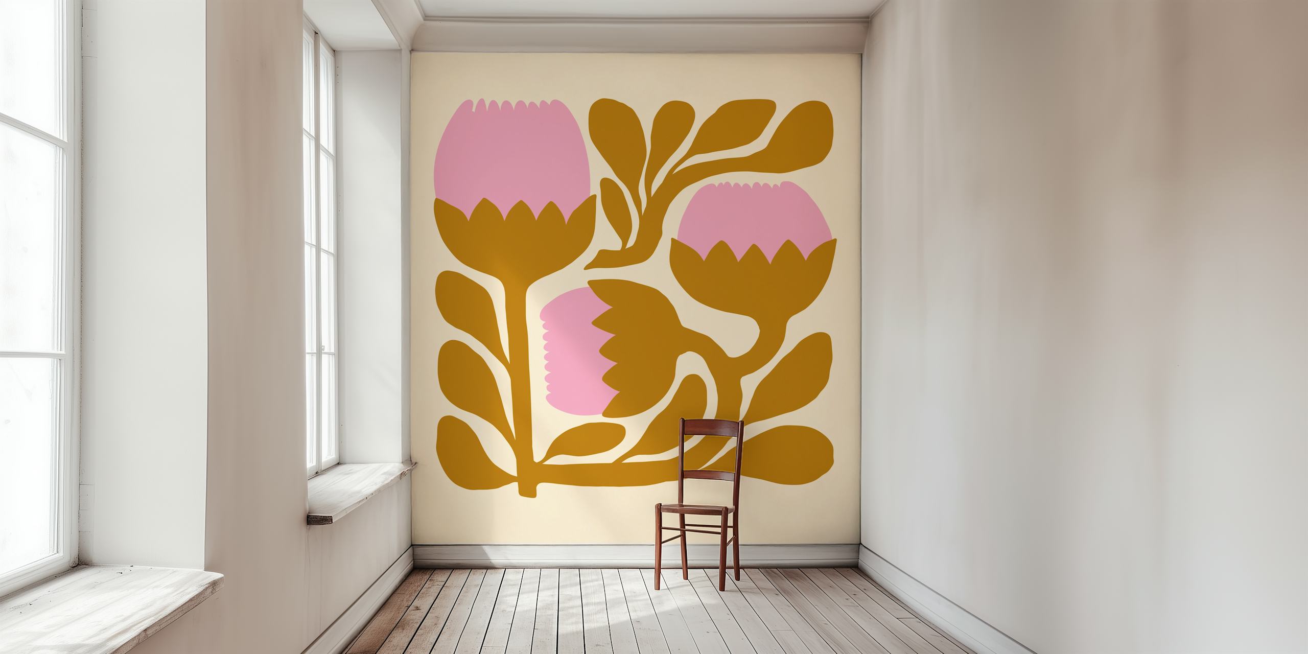 Retro Floral Blooms wallpaper displayed in a room