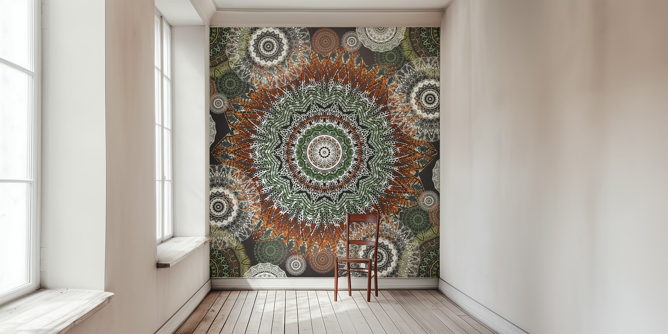 Mandala Dreams Orange Green Yoga Flow wanddecoratie in een kamer