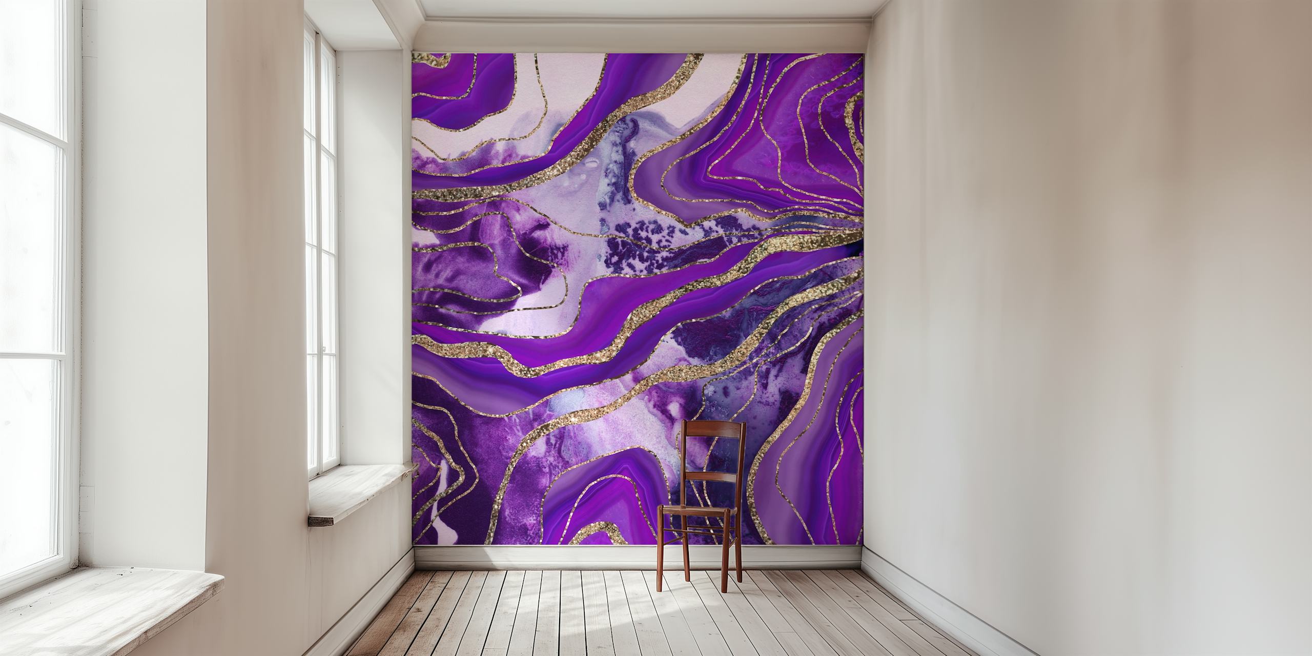 Purple marble design with gold lines and swirling patterns wallpaper