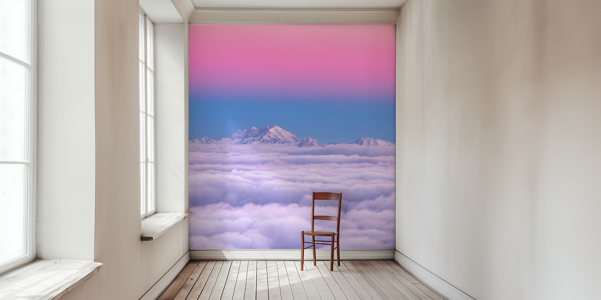 Pink and purple gradient wallpaper with mountain peaks